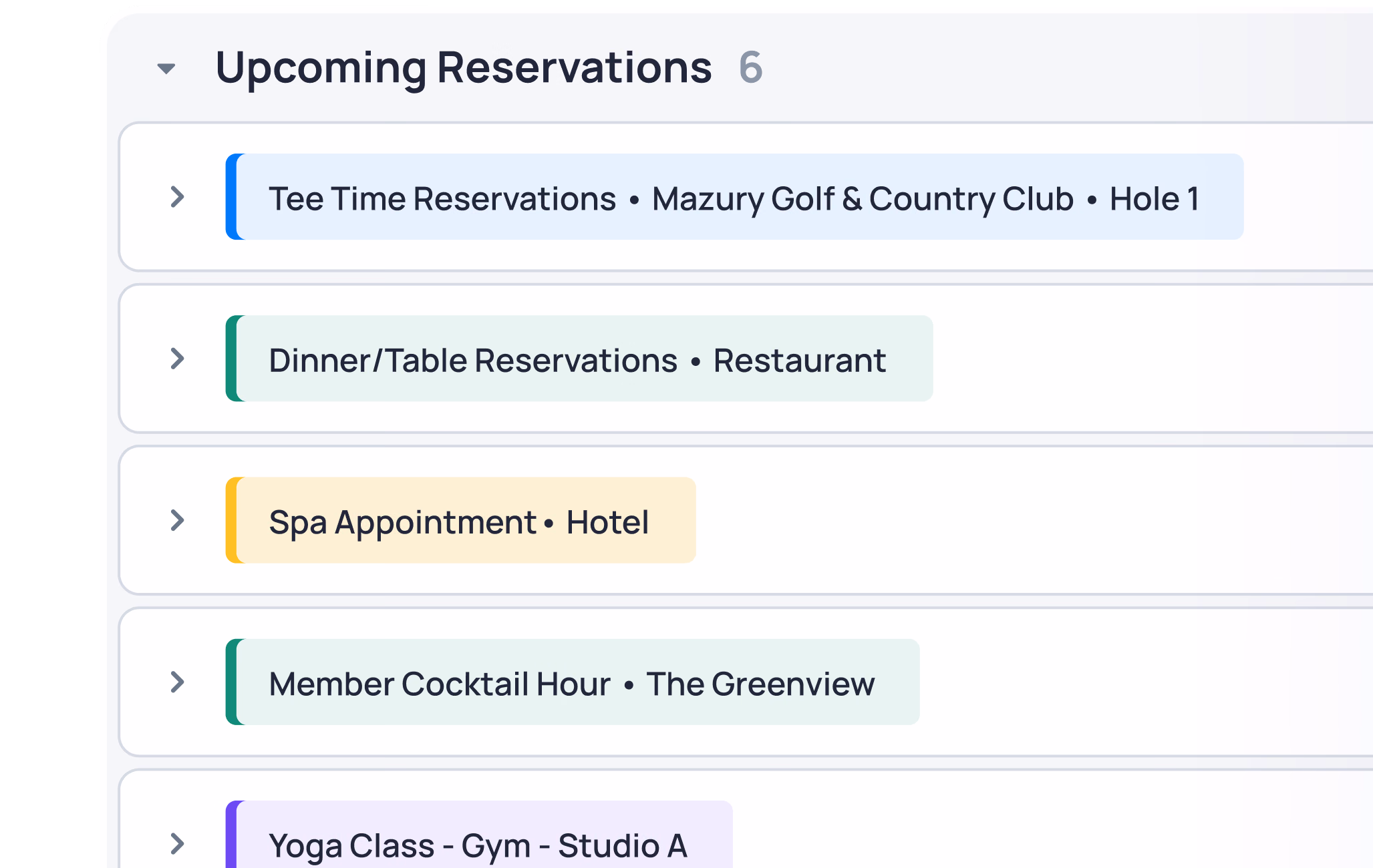 List of 6 upcoming reservations including tee time, dinner, spa, cocktail hour, and yoga class