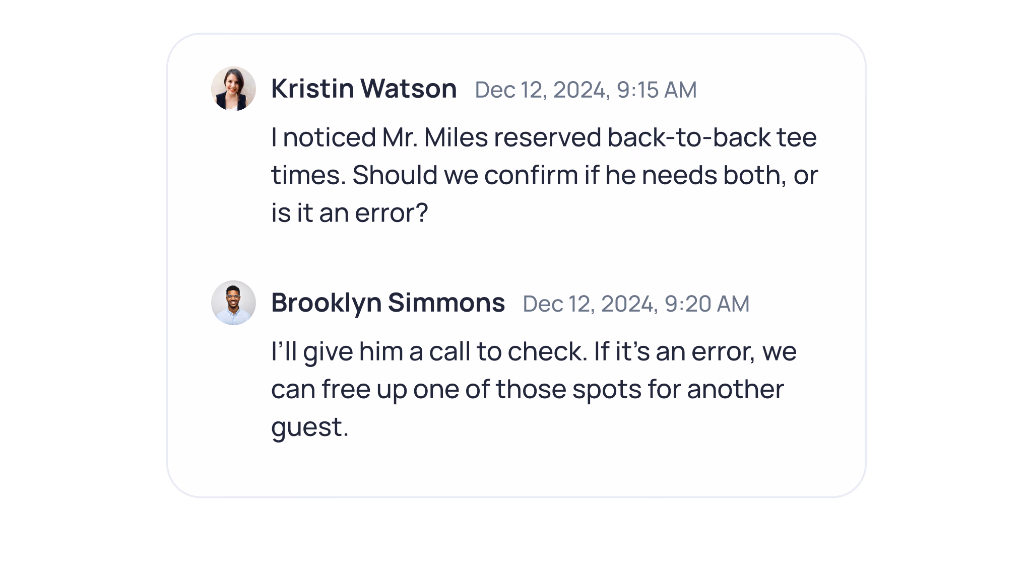 Chat conversation between Kristin Watson and Brooklyn Simmons about confirming a golf tee time reservation for Mr. Miles
