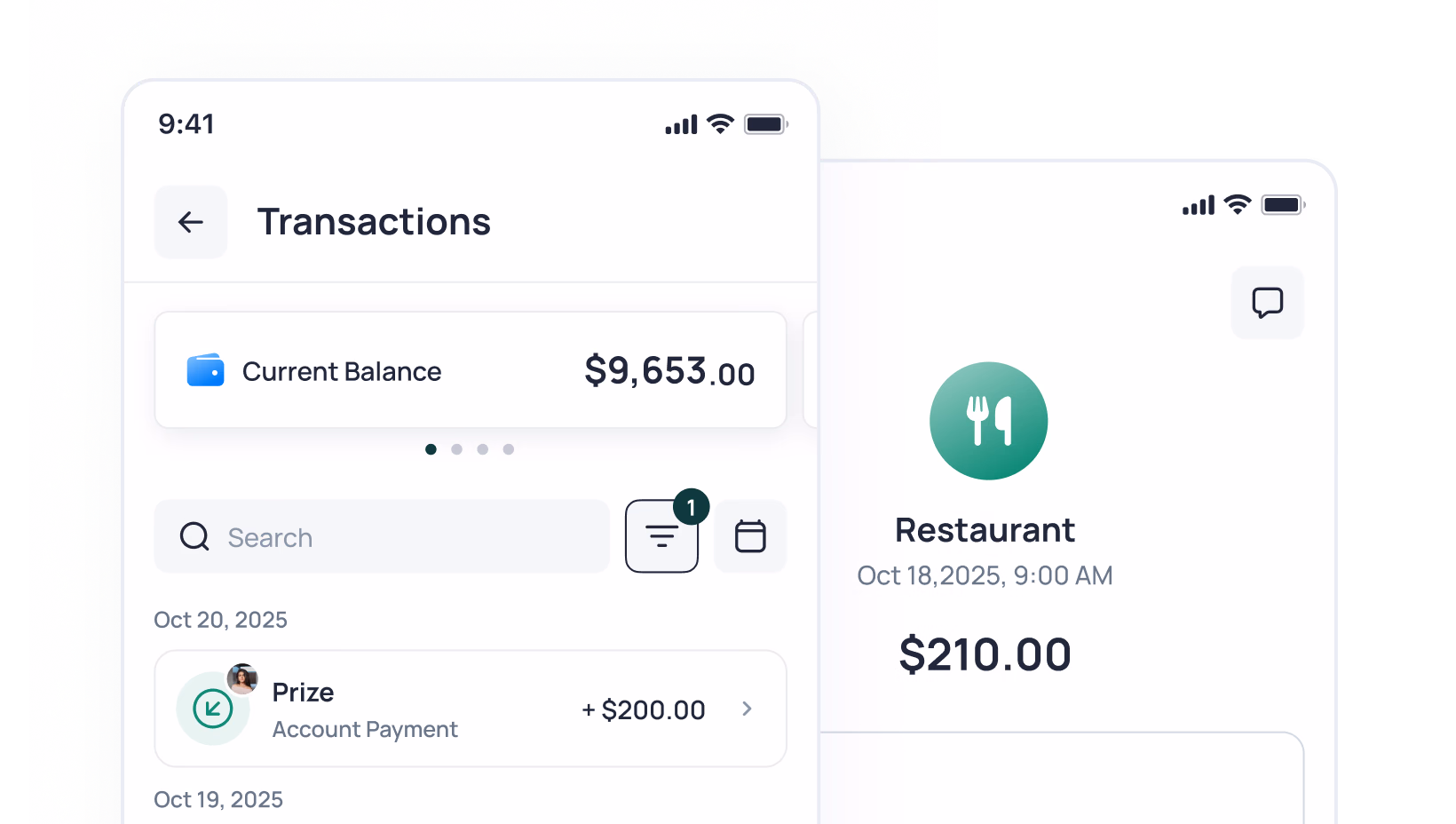 Mobile banking app showing transactions screen with $9,653 balance and a $210 restaurant charge from Oct 18, 2025