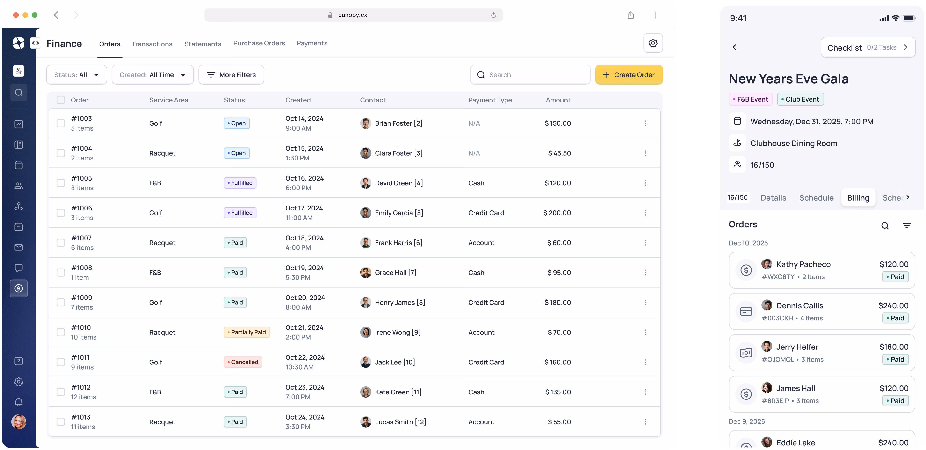 Event management dashboard showing New Years Eve Gala orders list with attendee details and ticket pricing information