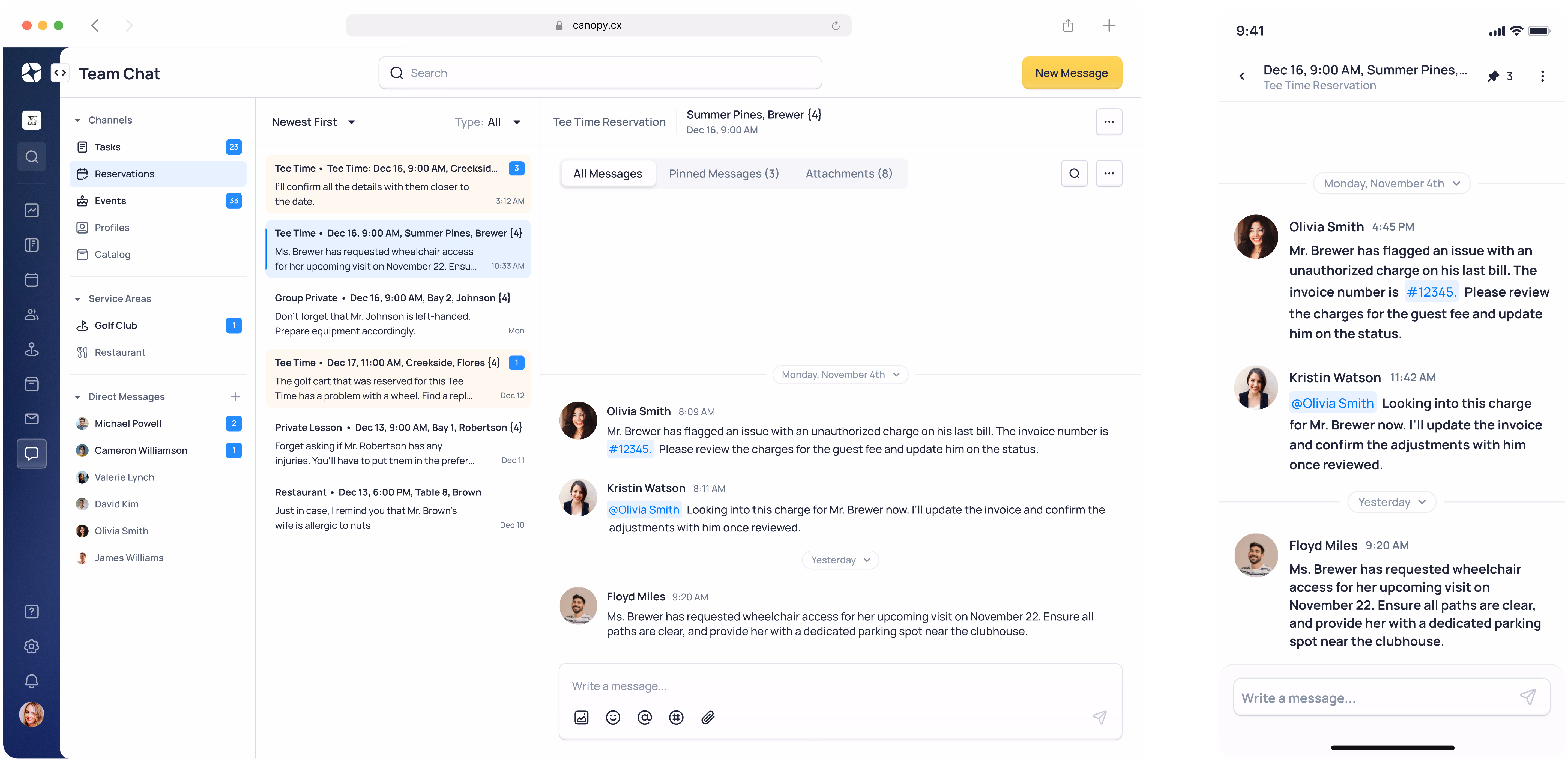 Team Chat interface showing message threads, user avatars, and conversation topics with a sidebar menu and member list on the right