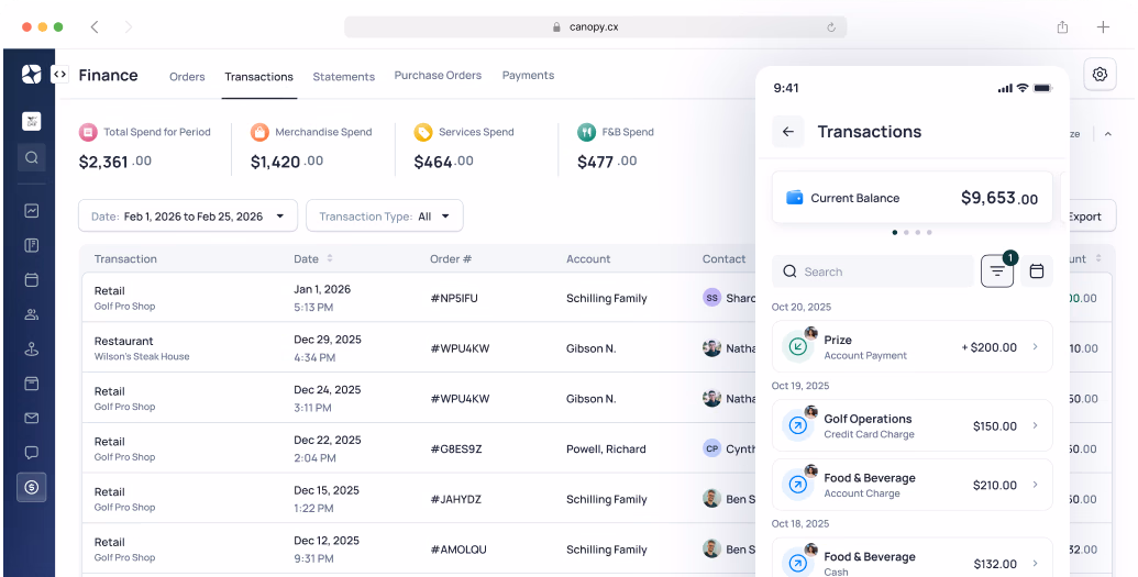 Finance app showing transaction history with current balance of $9,653.00 and recent purchases from restaurants and retail stores