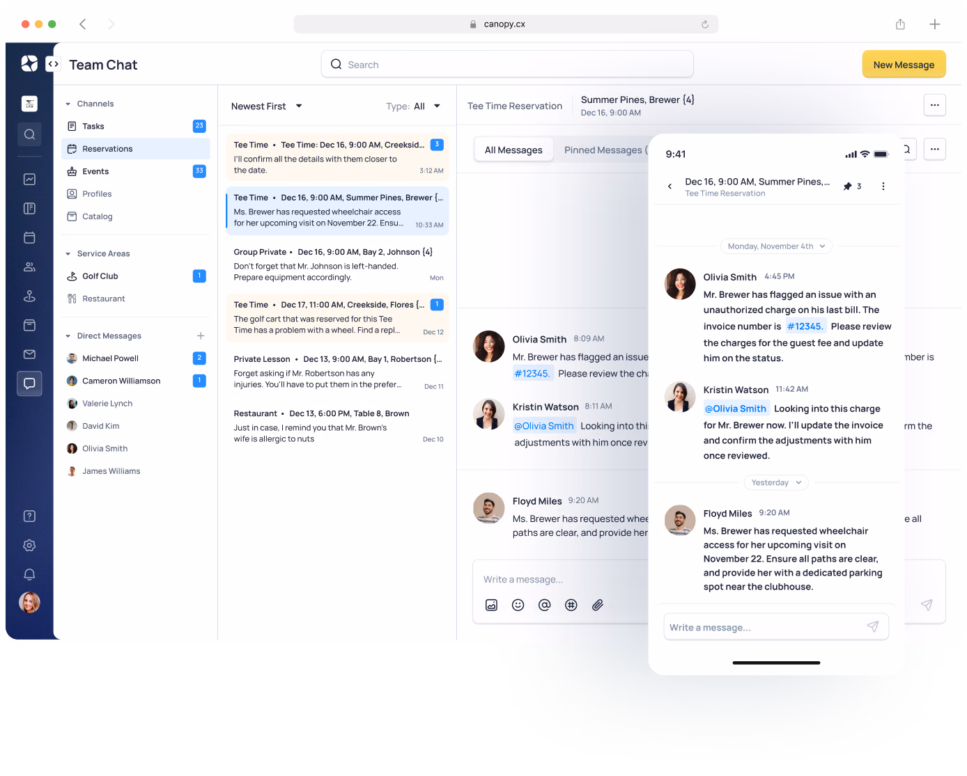 Team Chat interface showing message threads, user conversations, and chat history with timestamps and participant names