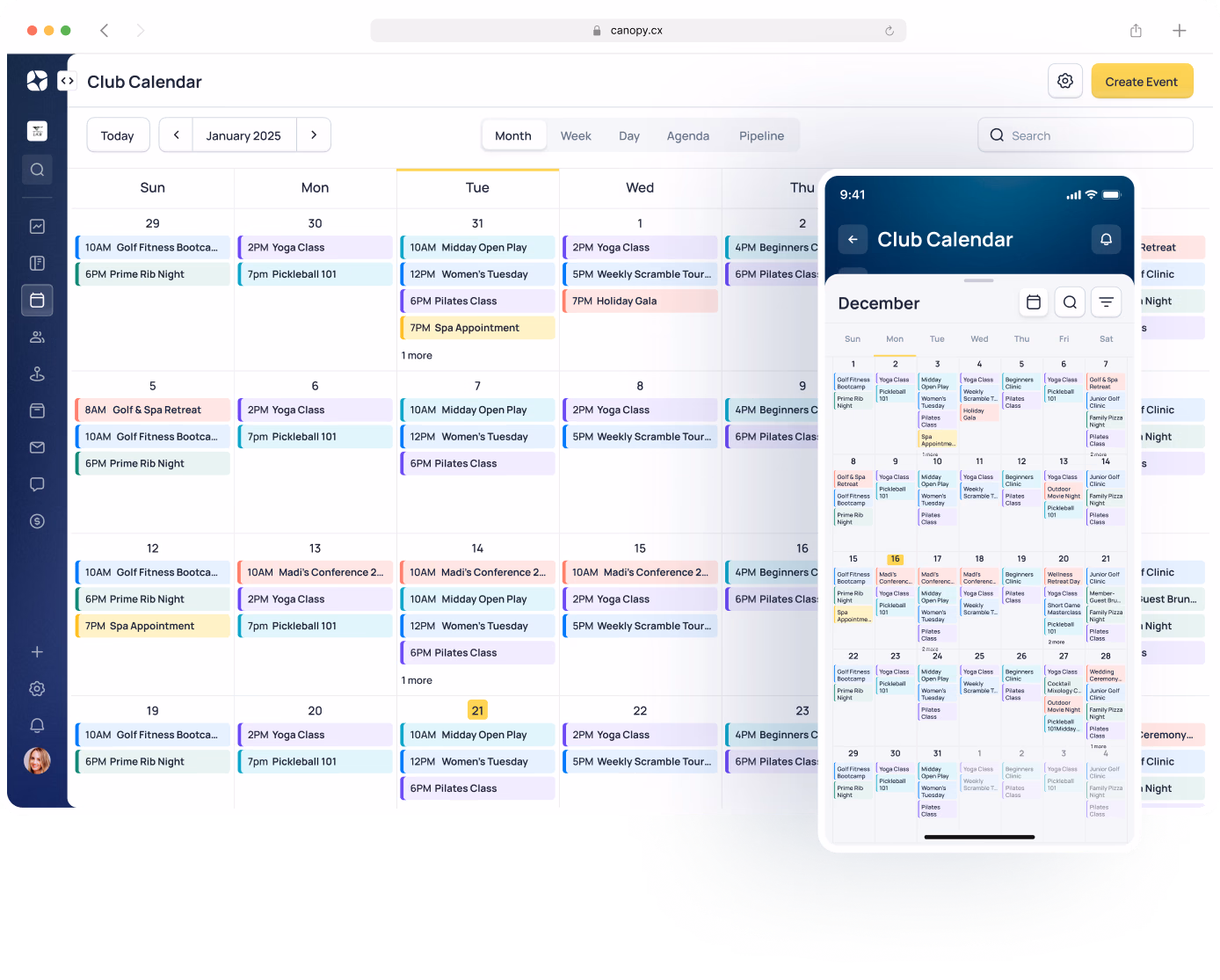 Club Calendar application showing January 2025 events with multiple colored event entries across calendar days and a December preview panel on the right