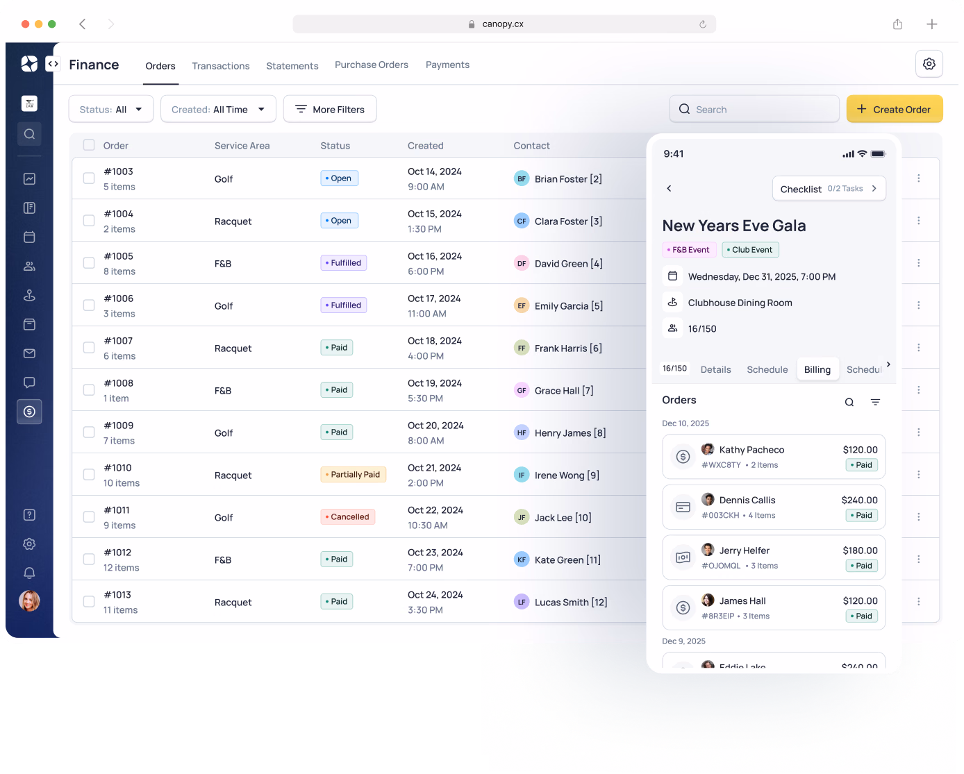 Finance dashboard showing New Years Eve Gala event details with orders list and attendee information