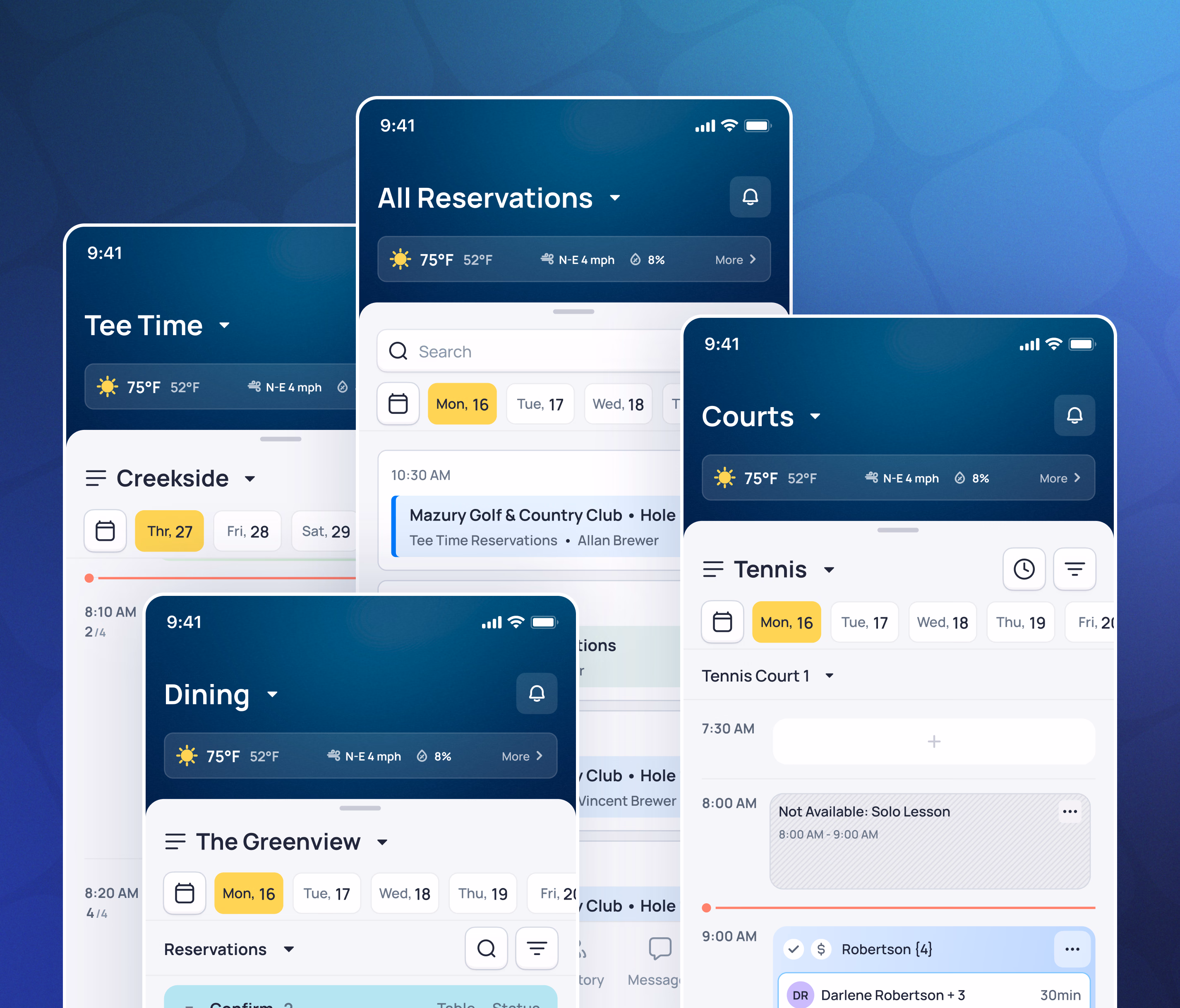 Multiple mobile app screens showing reservation management for golf, dining, courts and tennis bookings at a country club