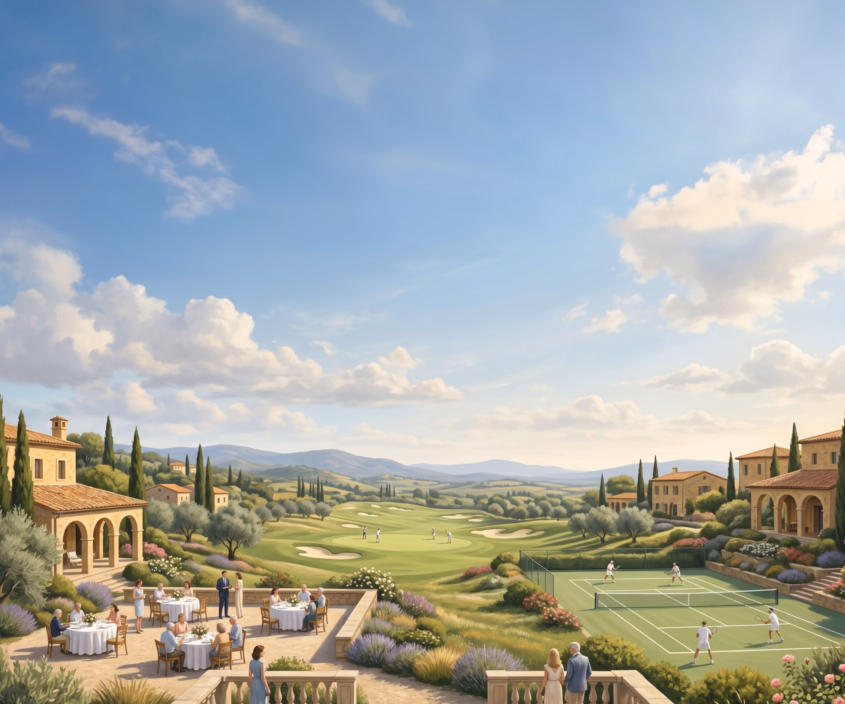 Tuscan villa estate with manicured gardens, tennis courts, and rolling green valleys under blue sky
