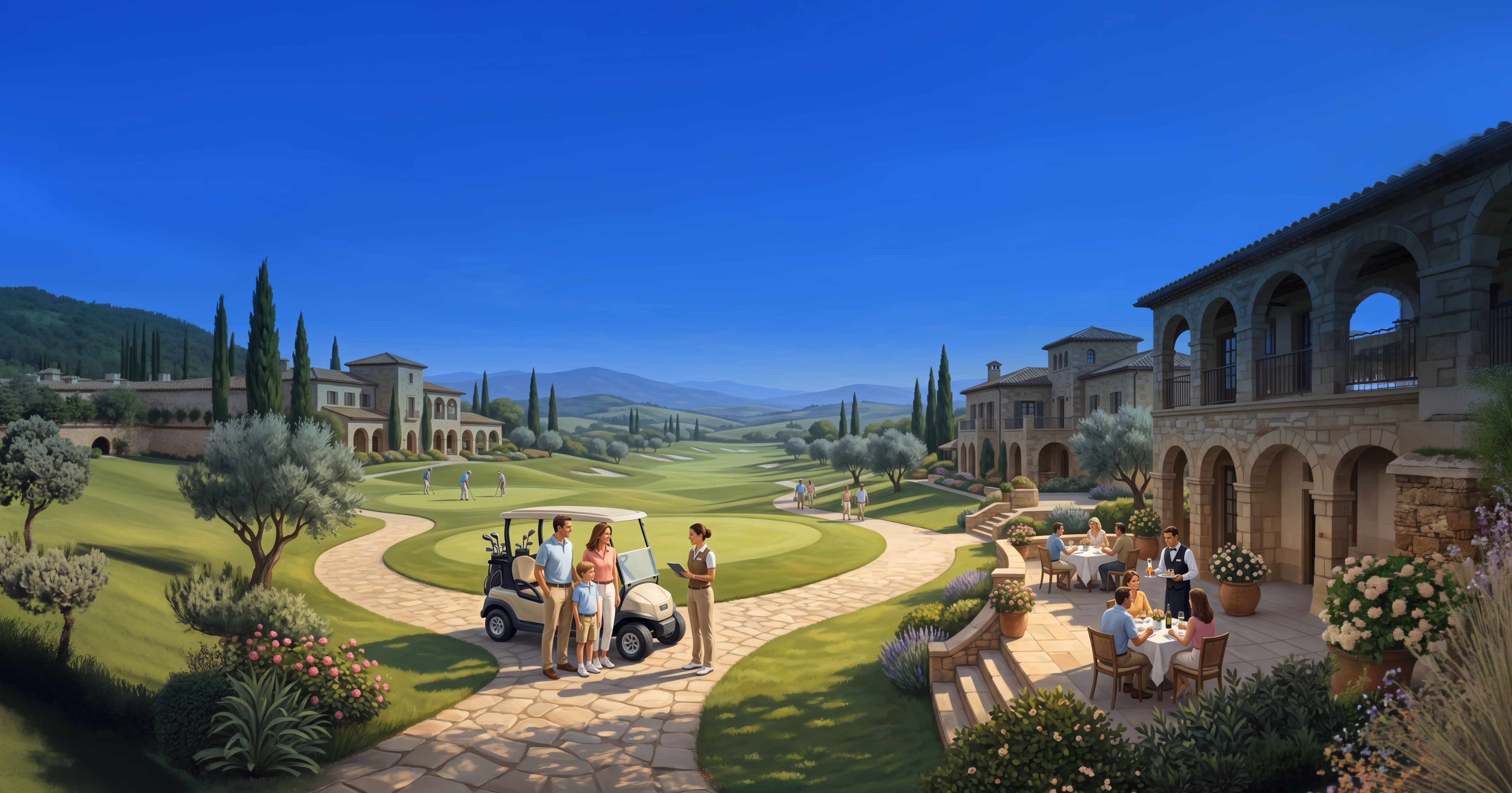 Tuscan villa with manicured gardens, cypress trees, and guests gathering on terraces overlooking rolling countryside