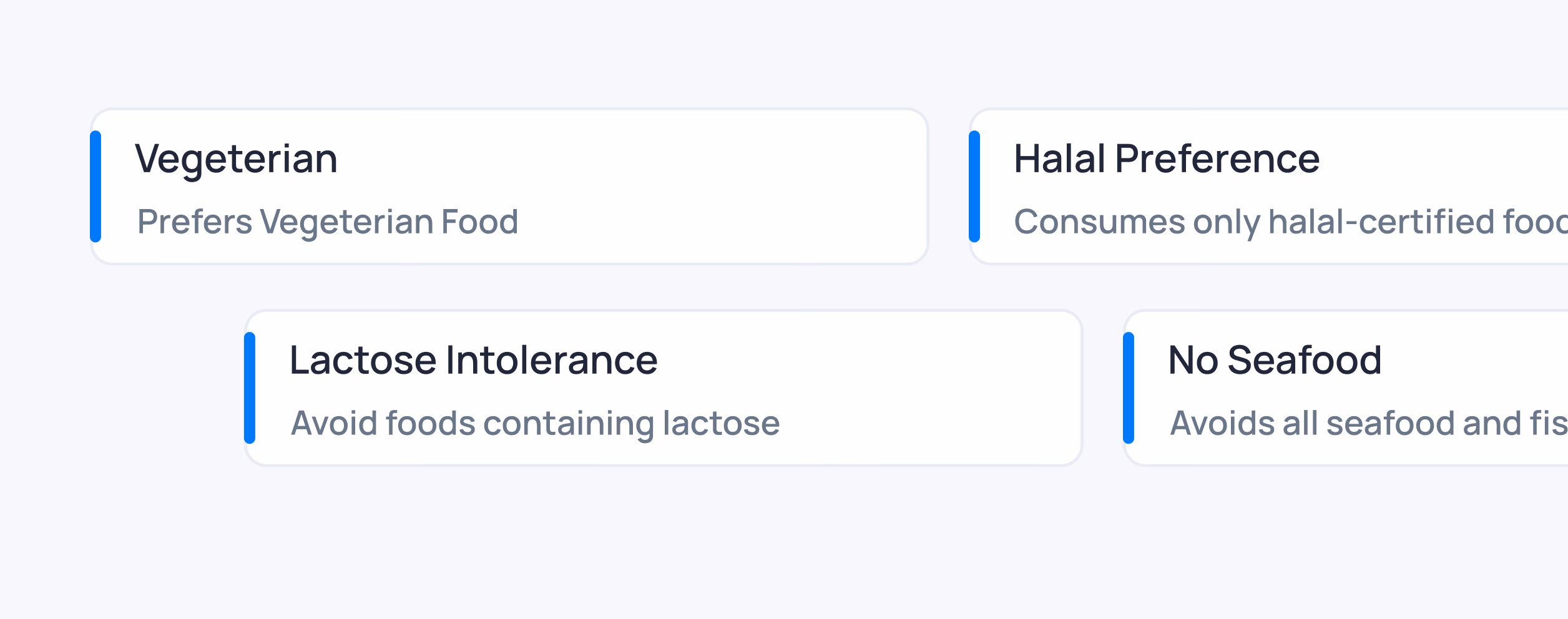 Four dietary preference cards displaying Vegetarian, Halal Preference, Lactose Intolerance, and No Seafood options with descriptions