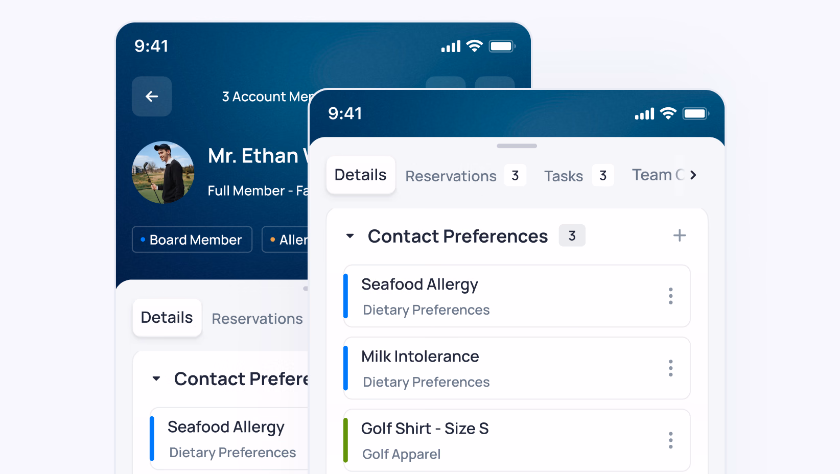 Mobile app interface showing Mr. Ethan's account details with Contact Preferences including Seafood Allergy, Milk Intolerance, and Golf Shirt preferences