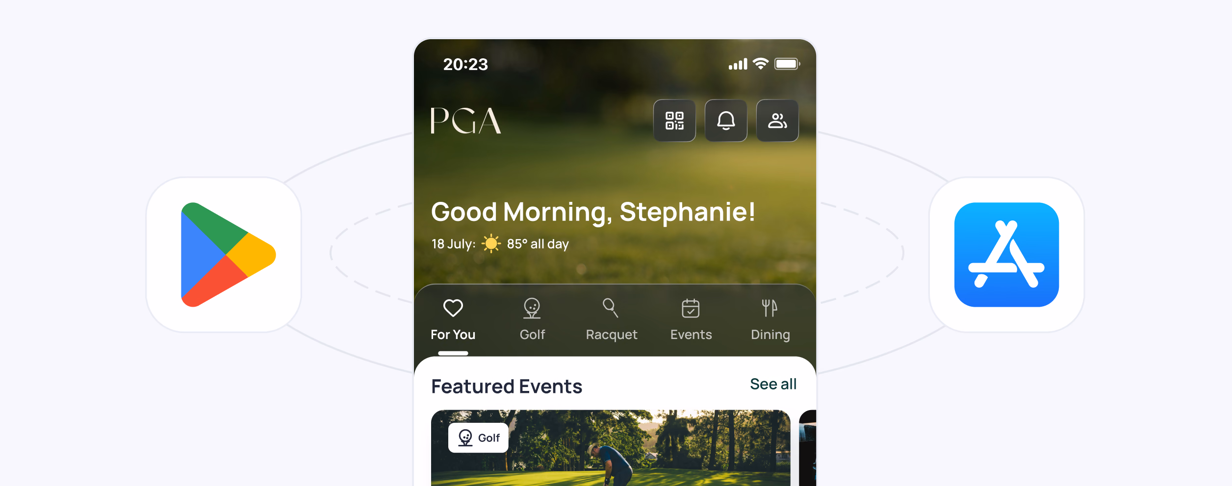 PGA mobile app interface showing personalized greeting "Good Morning, Stephanie!" with featured events section and navigation icons