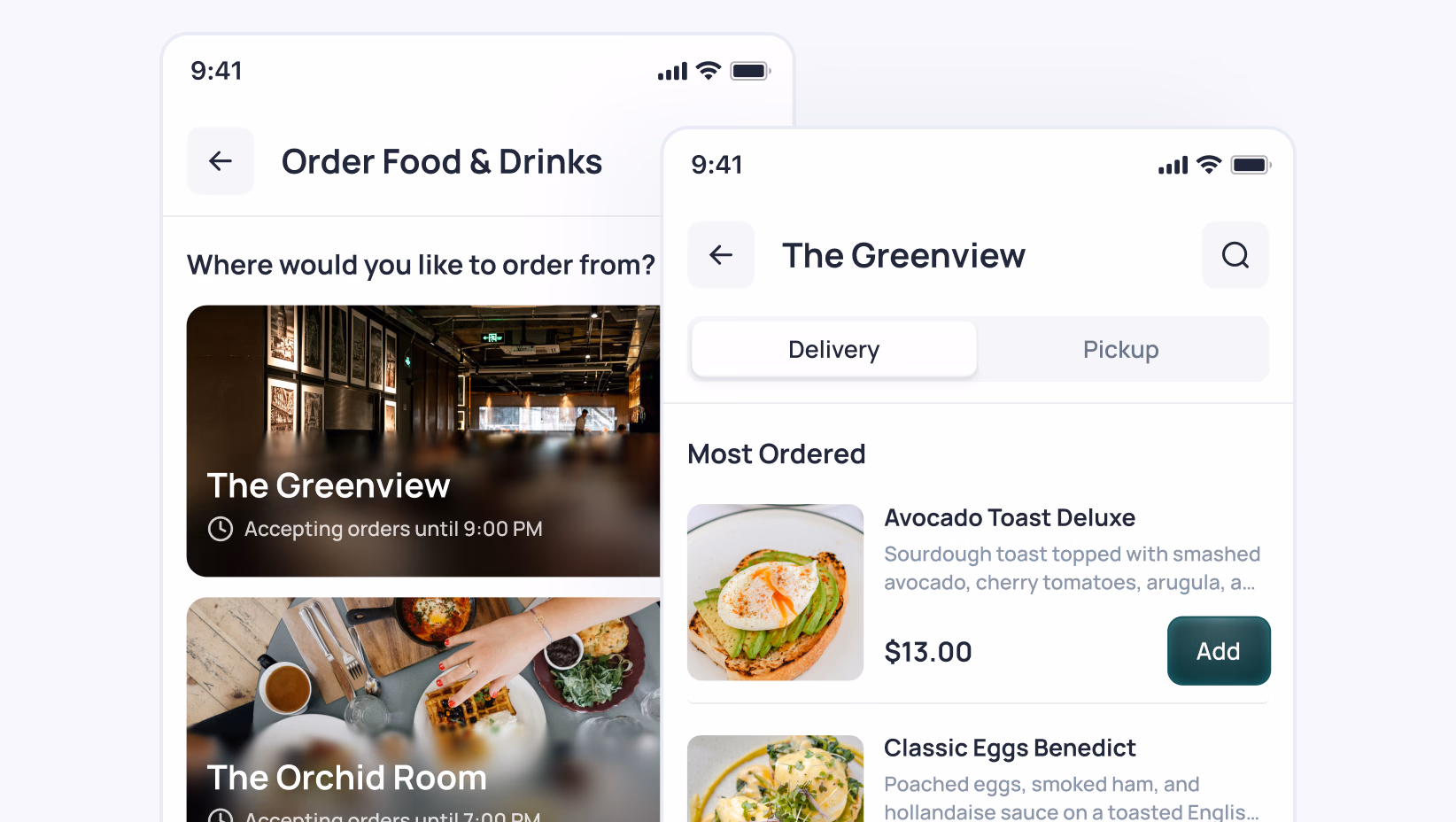 Food delivery app showing The Greenview restaurant menu with Avocado Toast Deluxe and Classic Eggs Benedict items available for order