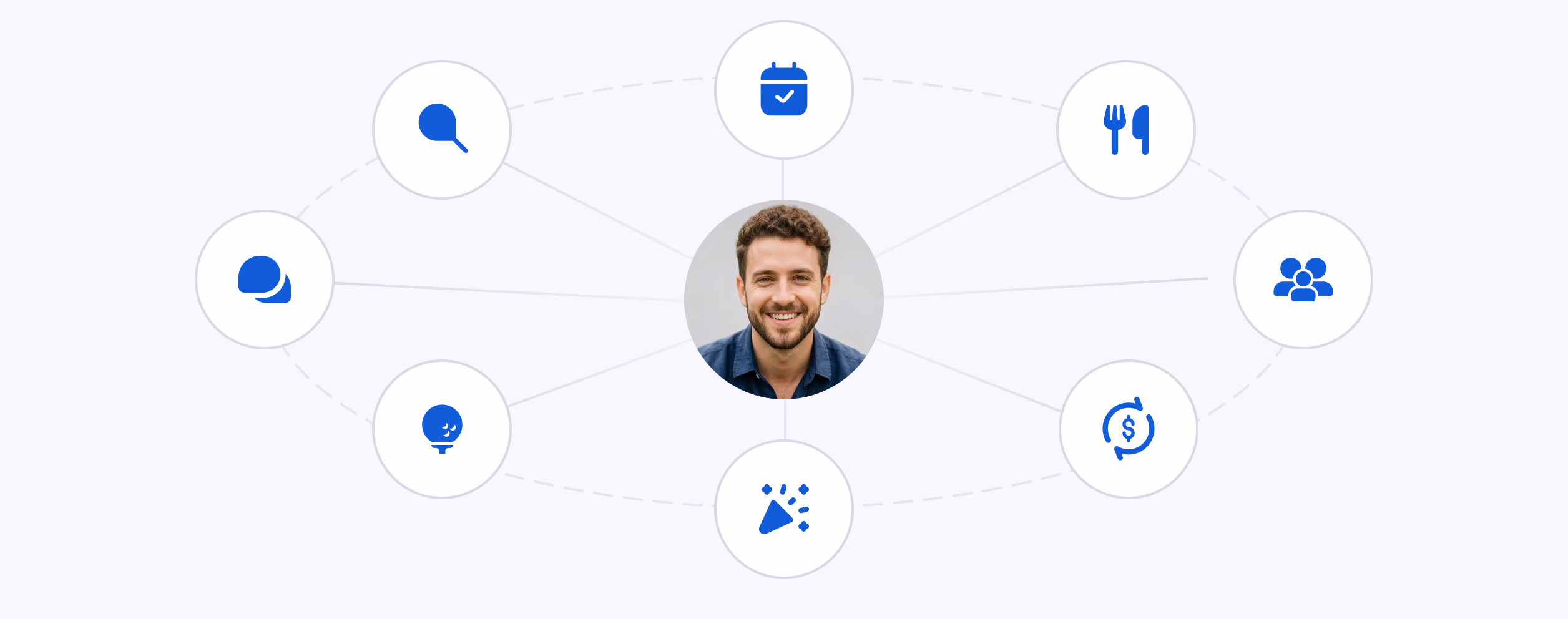 Man surrounded by icons representing calendar, chat, microphone, settings, people, and other features