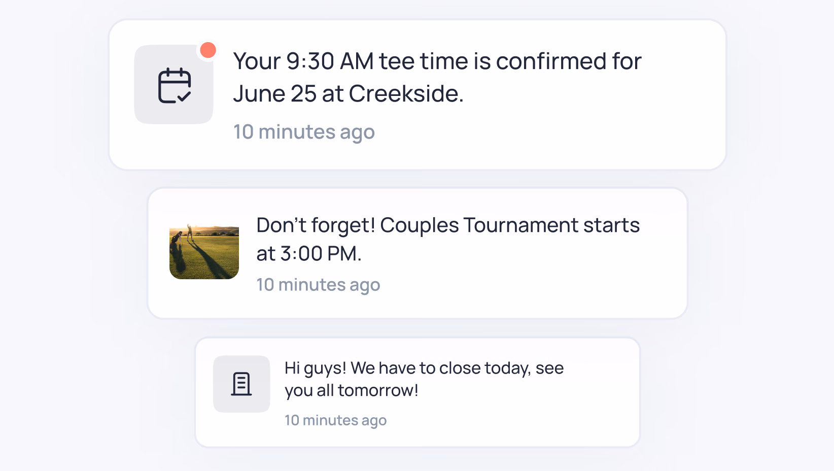 Three notification messages: golf tee time confirmation for June 25, couples tournament reminder at 3 PM, and office closure notice