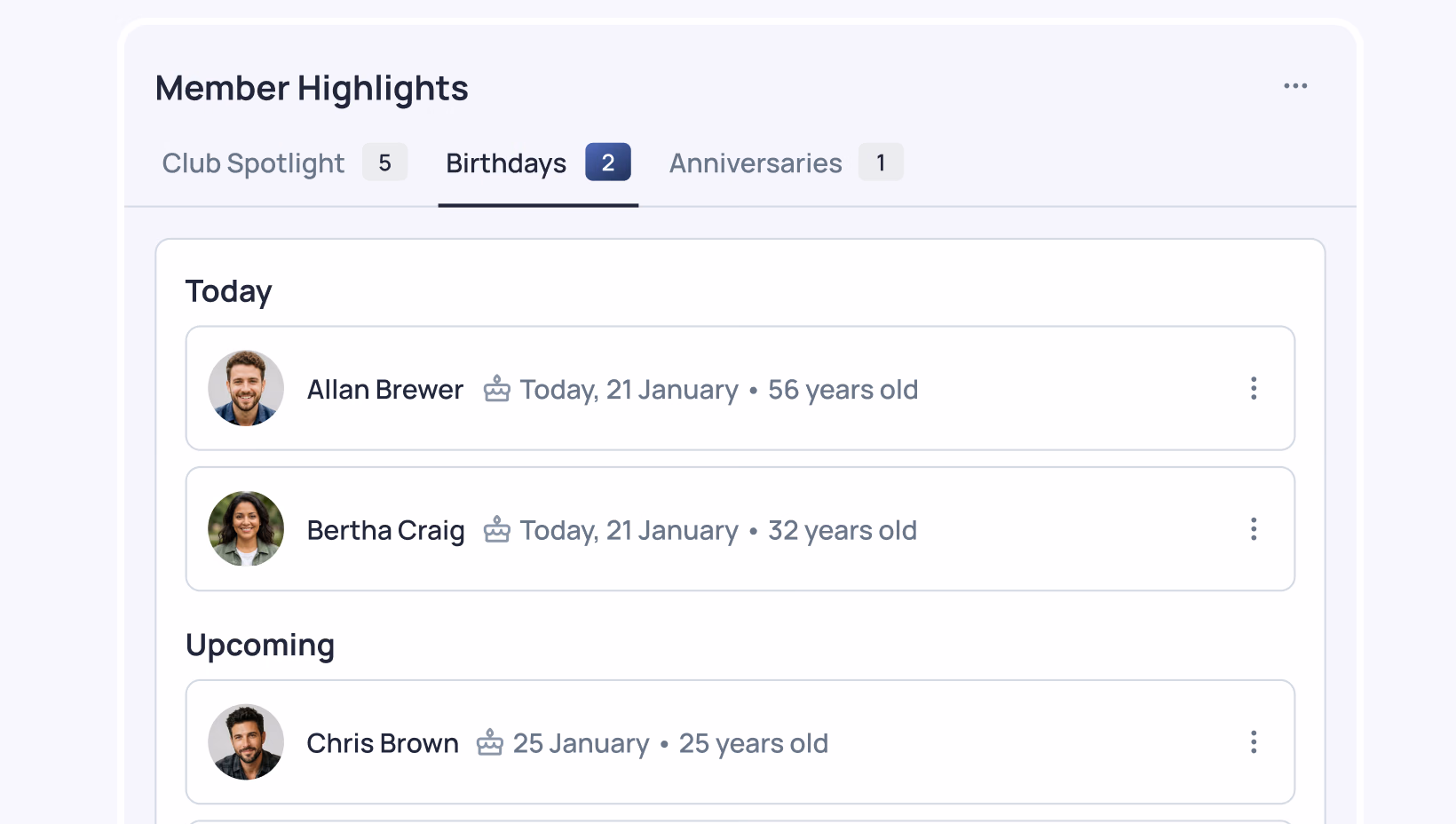 Member Highlights showing today's birthdays for Allan Brewer (56) and Bertha Craig (32), and upcoming birthday for Chris Brown (25)