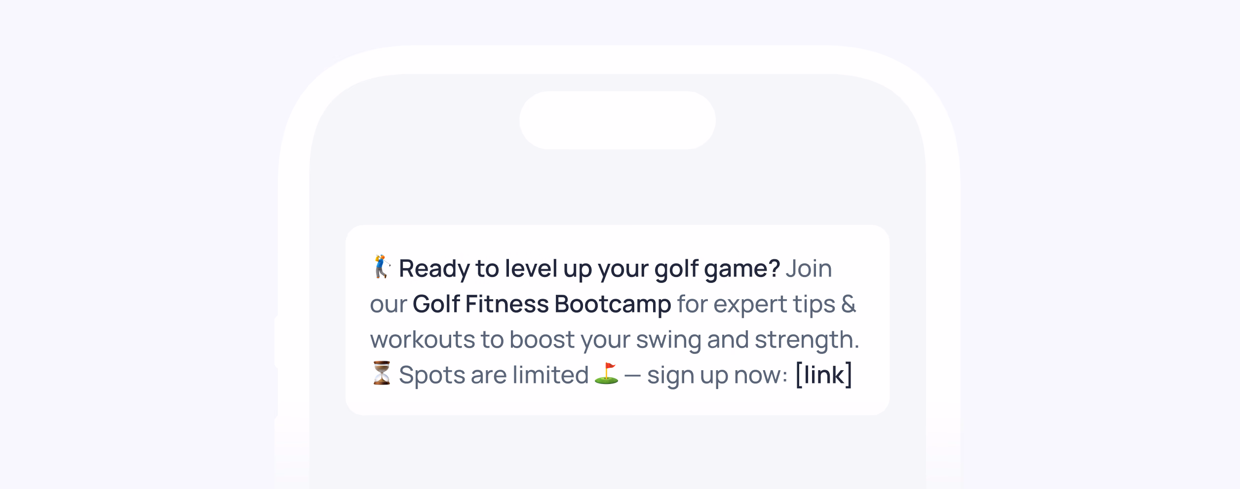 Promotional message about Golf Fitness Bootcamp with limited spots available and sign up link