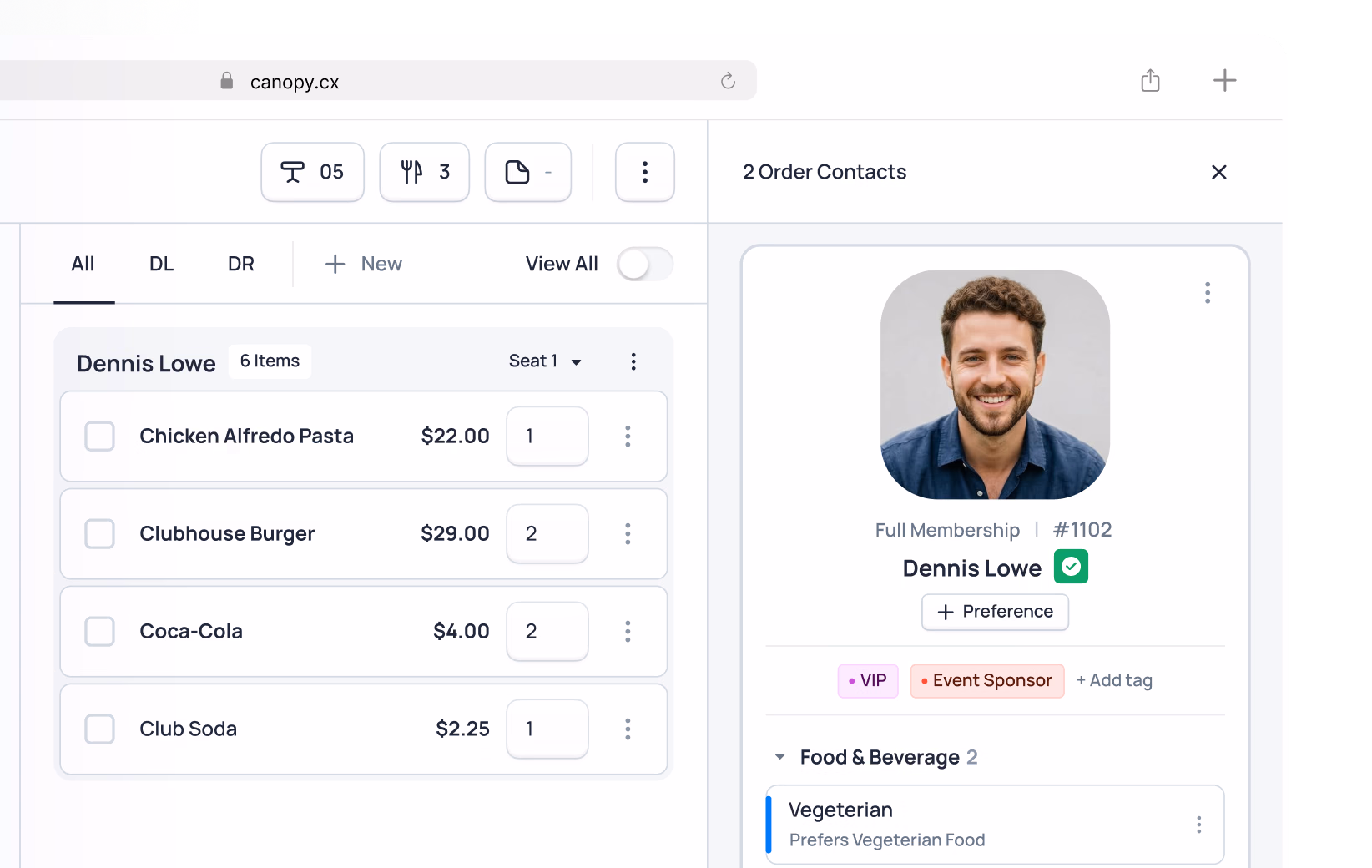 Restaurant ordering interface showing Dennis Lowe's order with Chicken Alfredo Pasta, Clubhouse Burger, Coca-Cola and Club Soda, with contact details panel on right