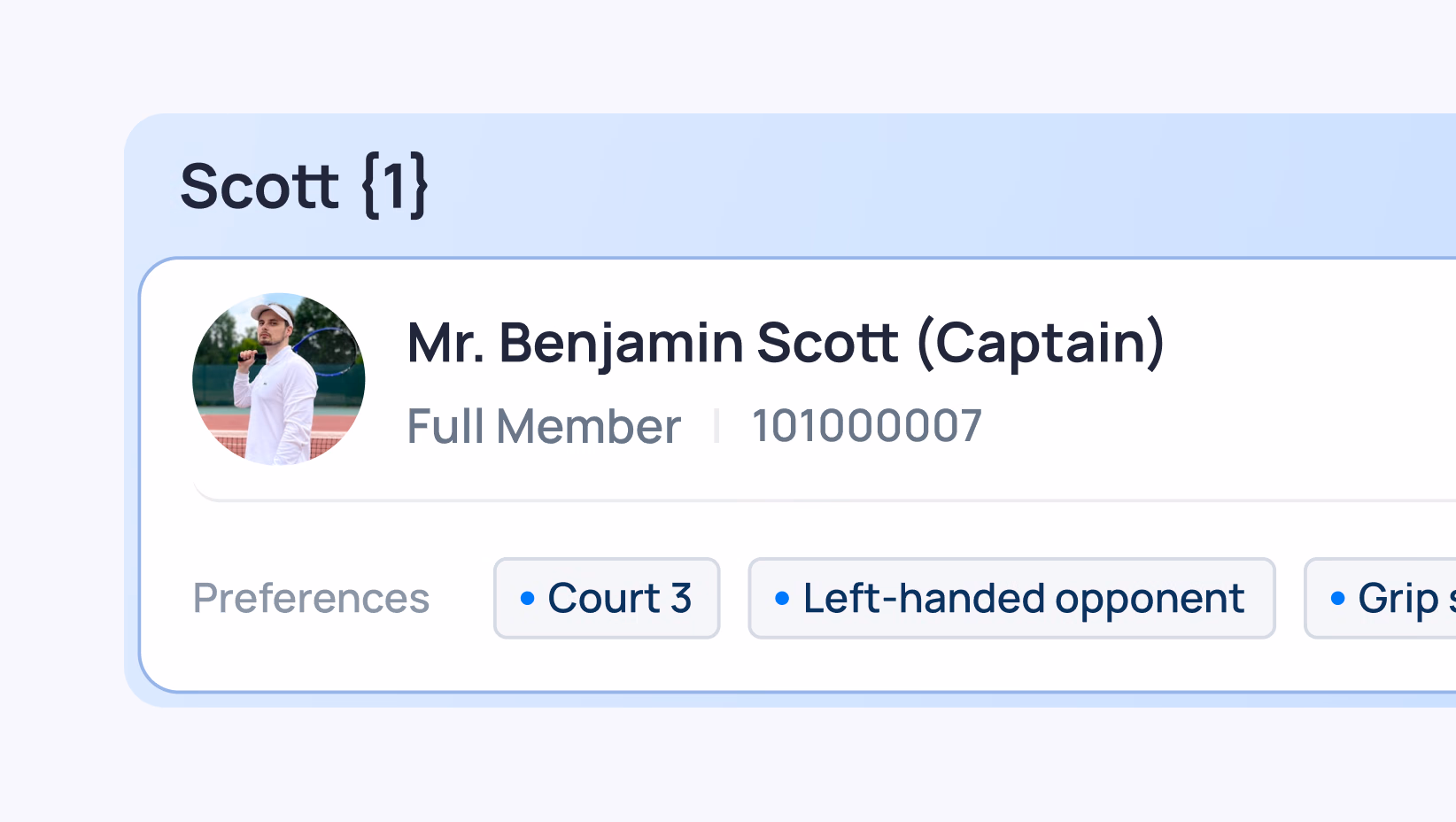 Scott {1} member profile showing Mr. Benjamin Scott as Captain with Court 3 and left-handed opponent preferences