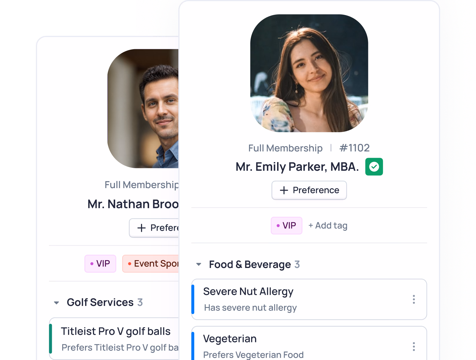 Two member profiles showing Nathan Broo and Emily Parker with VIP status, preferences, and dietary restrictions listed