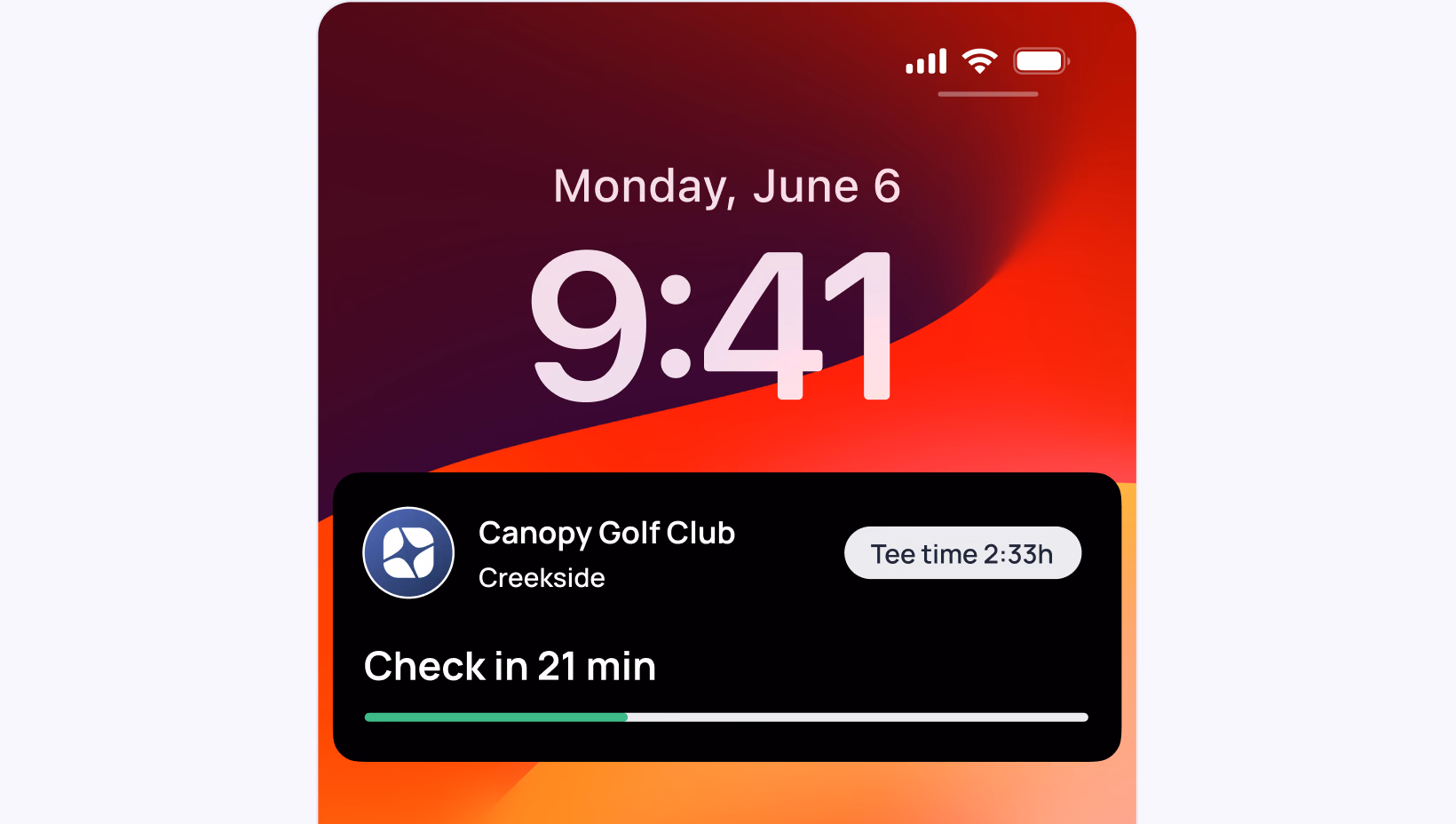 iPhone lock screen showing 9:41 with Canopy Golf Club notification indicating check-in in 21 minutes