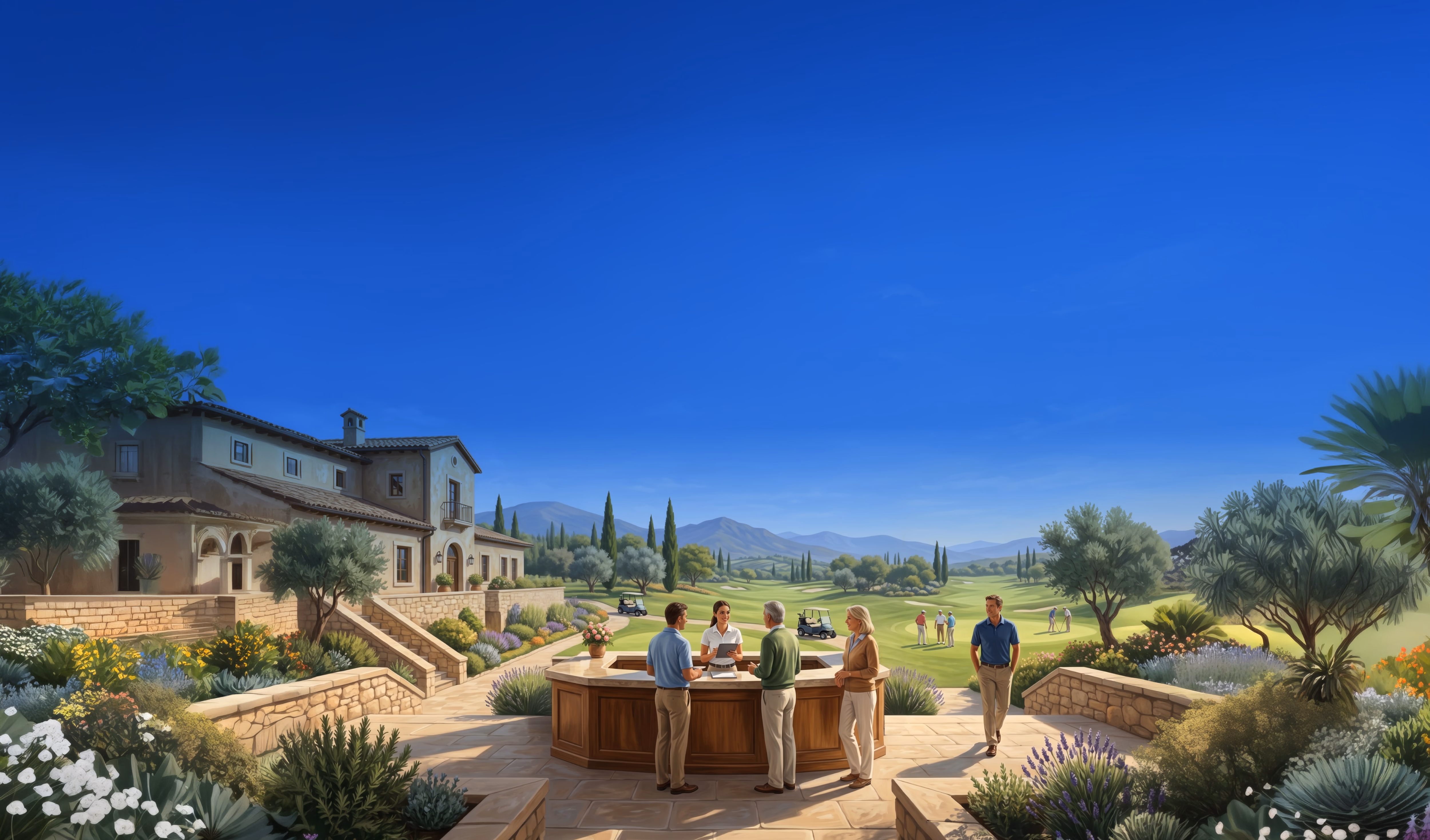 Tuscan villa estate with guests gathered on a terrace overlooking vineyards and cypress trees under blue sky