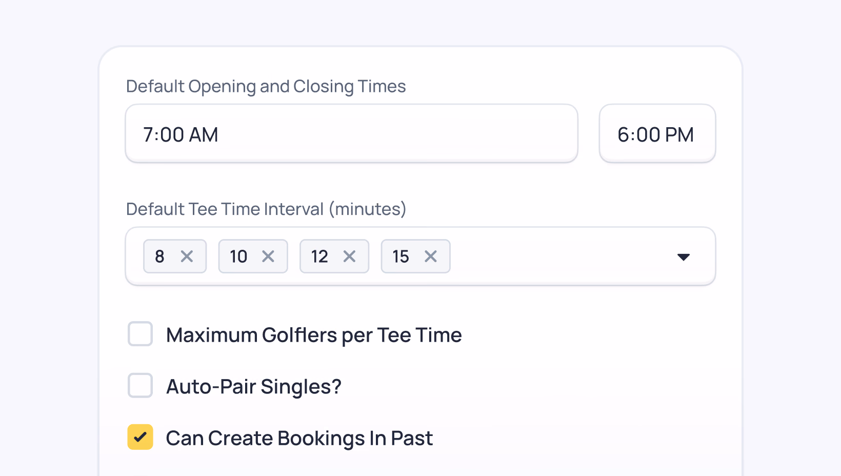 Golf course settings showing opening time 7:00 AM, closing time 6:00 PM, tee intervals of 8, 10, 12, 15 minutes, and enabled booking creation option