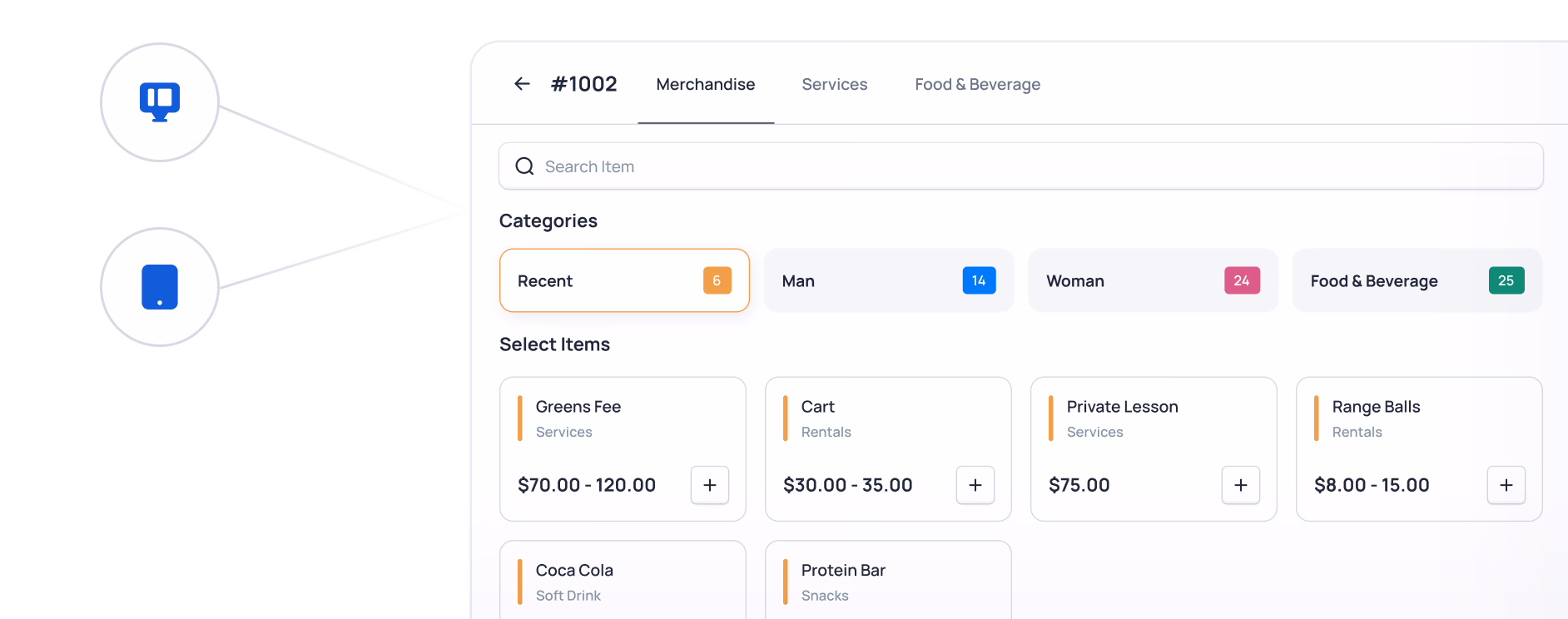 E-commerce product listing page showing categories, price ranges, and items like Creamer Mix, Coca Cola, Cart, Protein Bar, Private Lesson, and Range Balls