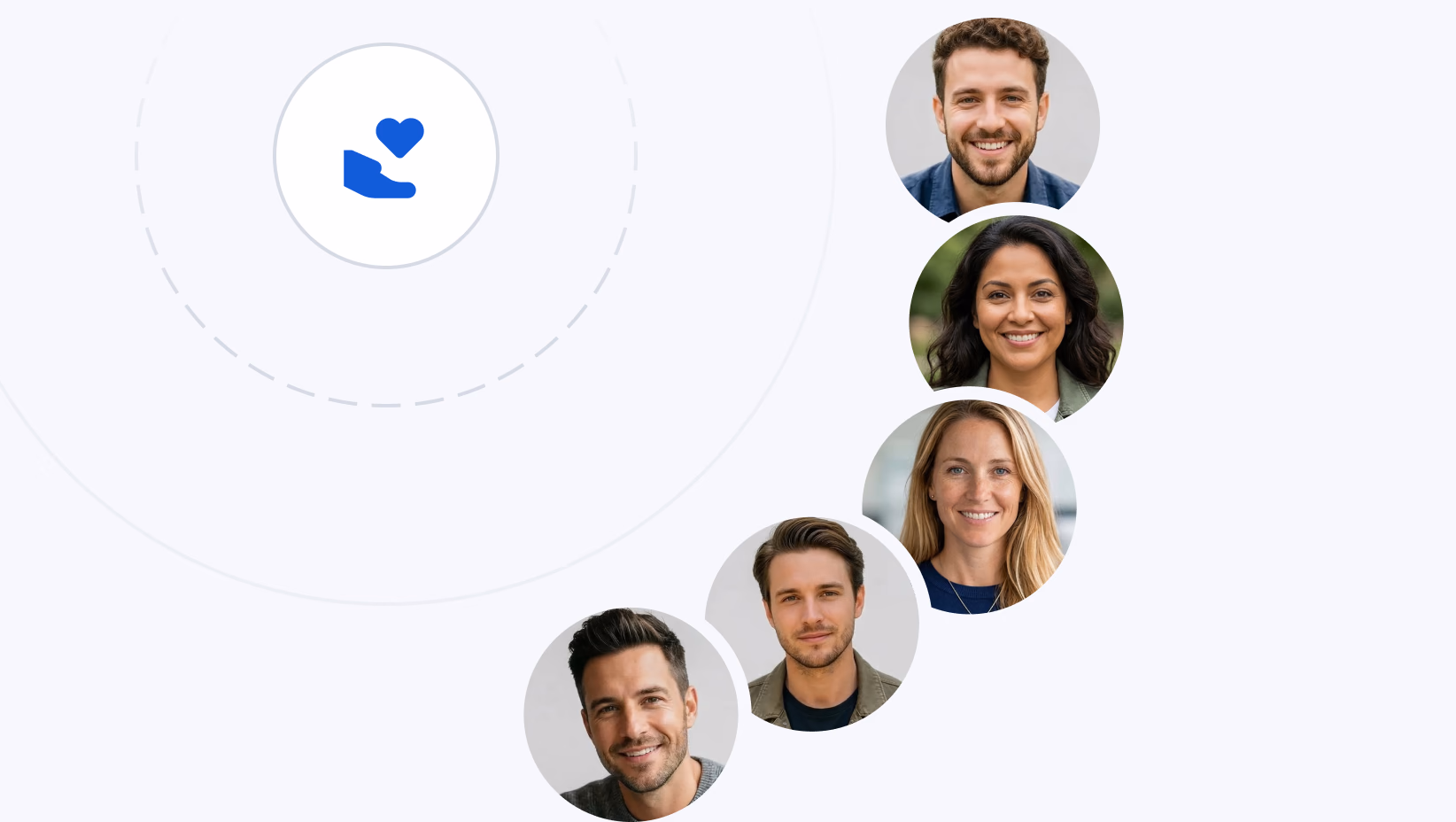 Hand holding heart icon with line connecting to five diverse team member profile photos