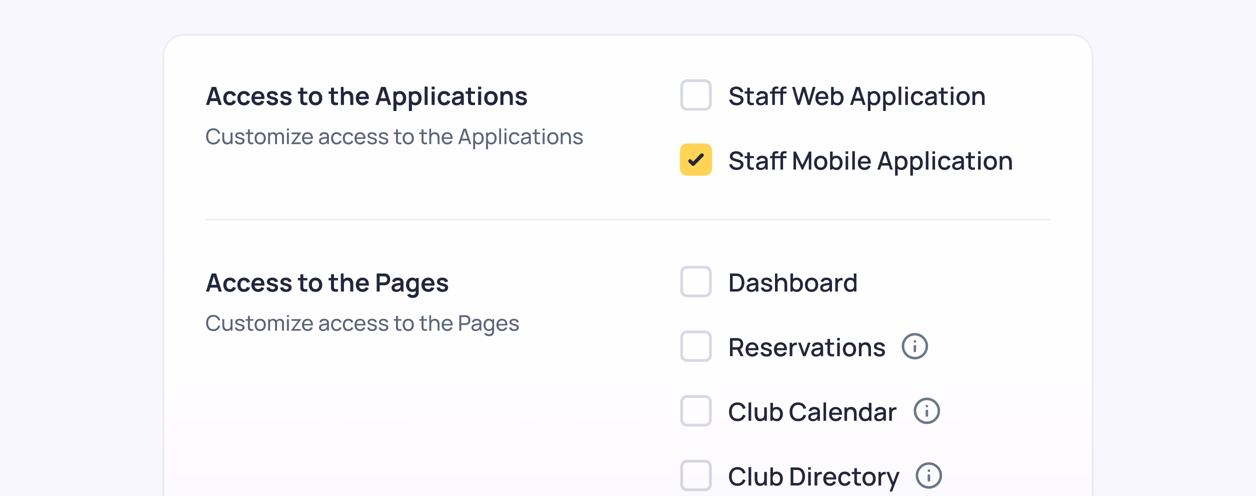 Access settings showing Staff Mobile Application checked and unchecked options for Dashboard, Reservations, Club Calendar, and Club Directory