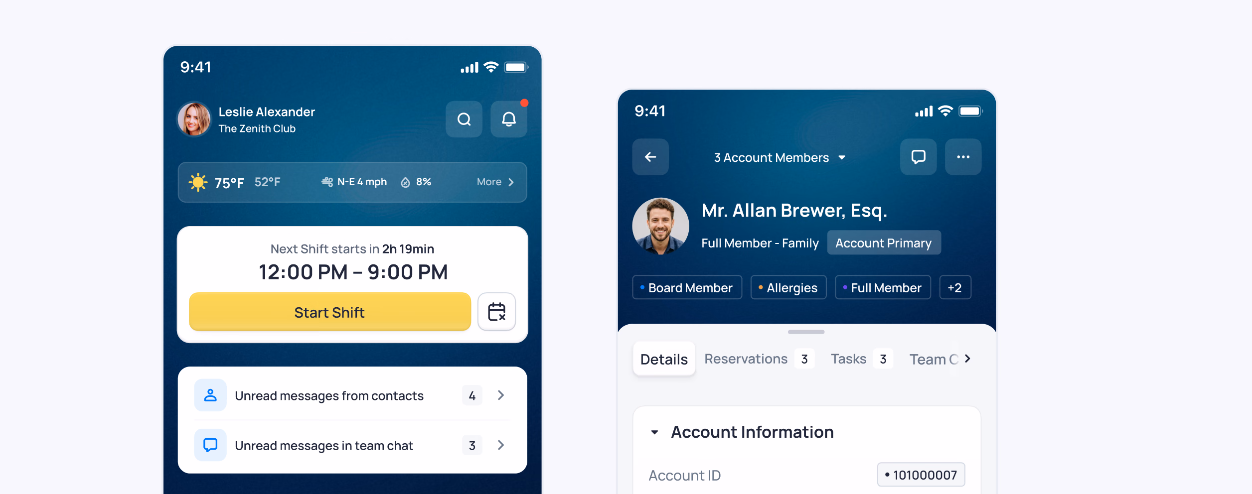 Two mobile app screenshots showing a scheduling interface with meeting times and an account profile for Mr. Allen Brewer, Esq
