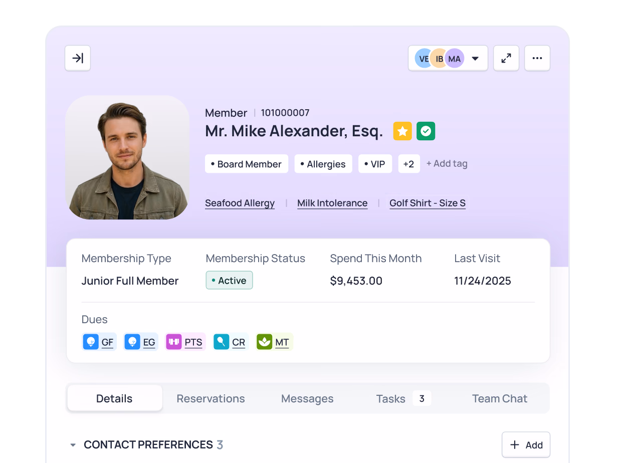 Member profile for Mr. Mike Alexander showing Junior Full Member status, $9,453.00 monthly spend, with allergies and golf shirt size listed