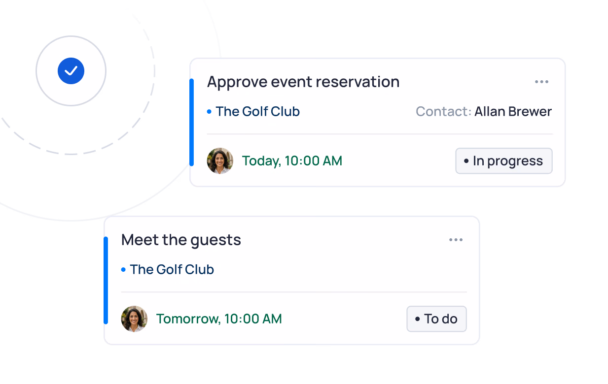 Two task cards for The Golf Club: approve event reservation today at 10:00 AM in progress, and meet guests tomorrow at 10:00 AM to do