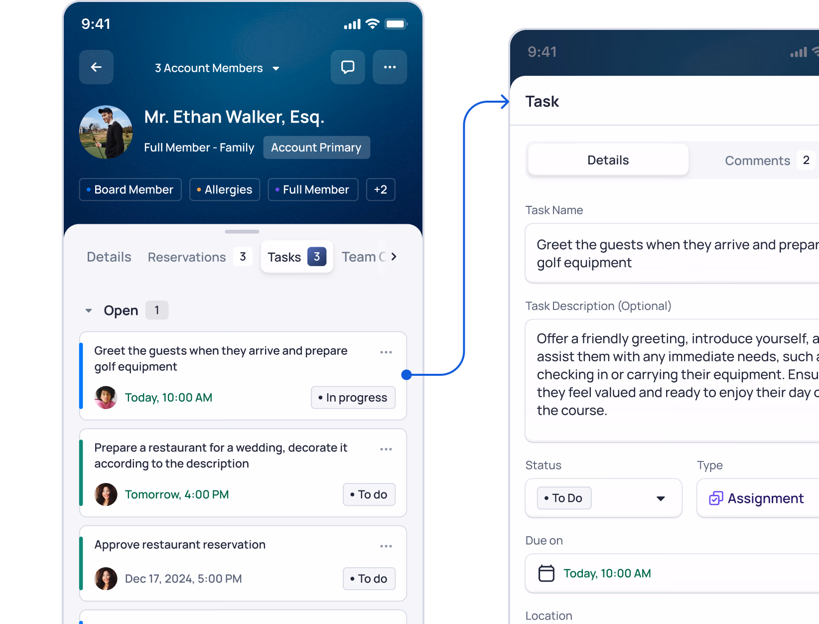 Family account management interface showing member profile, tasks, and assignment details for guest greeting duties