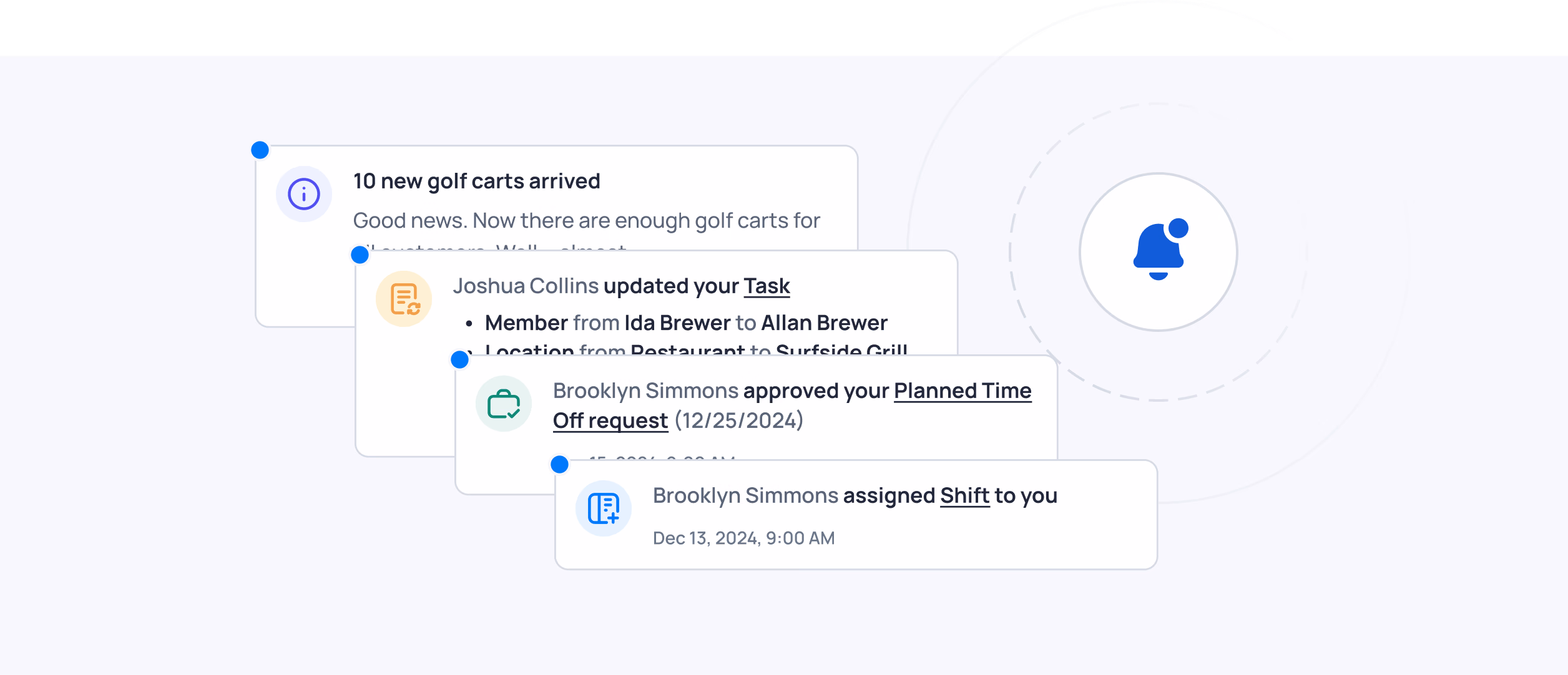 Timeline of notifications showing cart arrivals, task updates, time approvals, and skill assignments with user names and dates