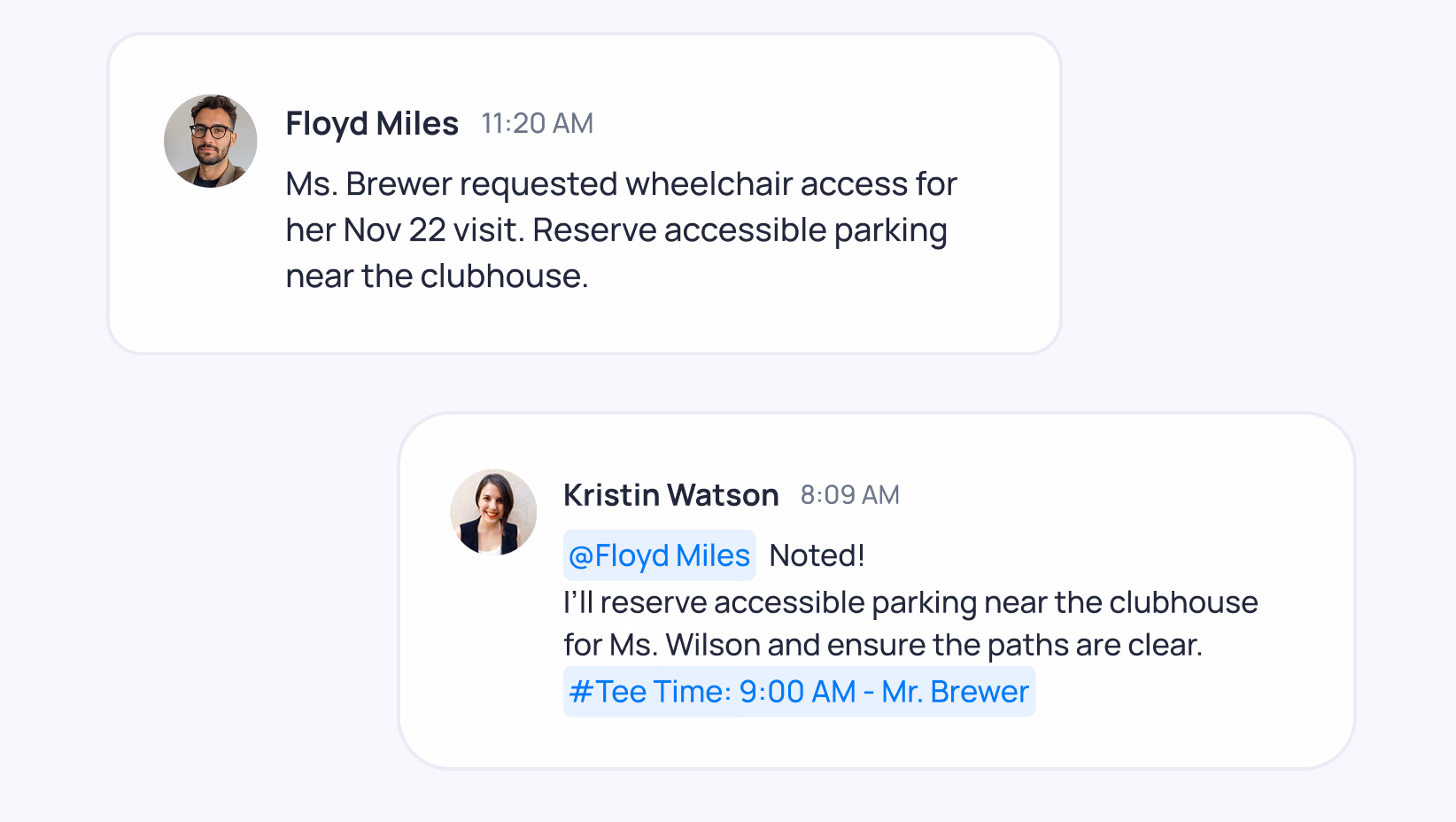 Slack conversation between Floyd Miles and Kristin Watson about reserving wheelchair accessible parking for Ms. Brewer's Nov 22 visit