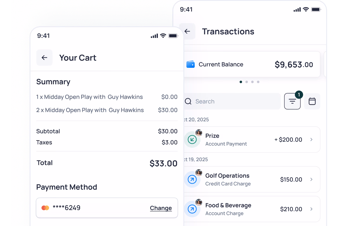 Shopping cart and transaction screens showing $33 total purchase and $9,653.00 account balance with recent charges