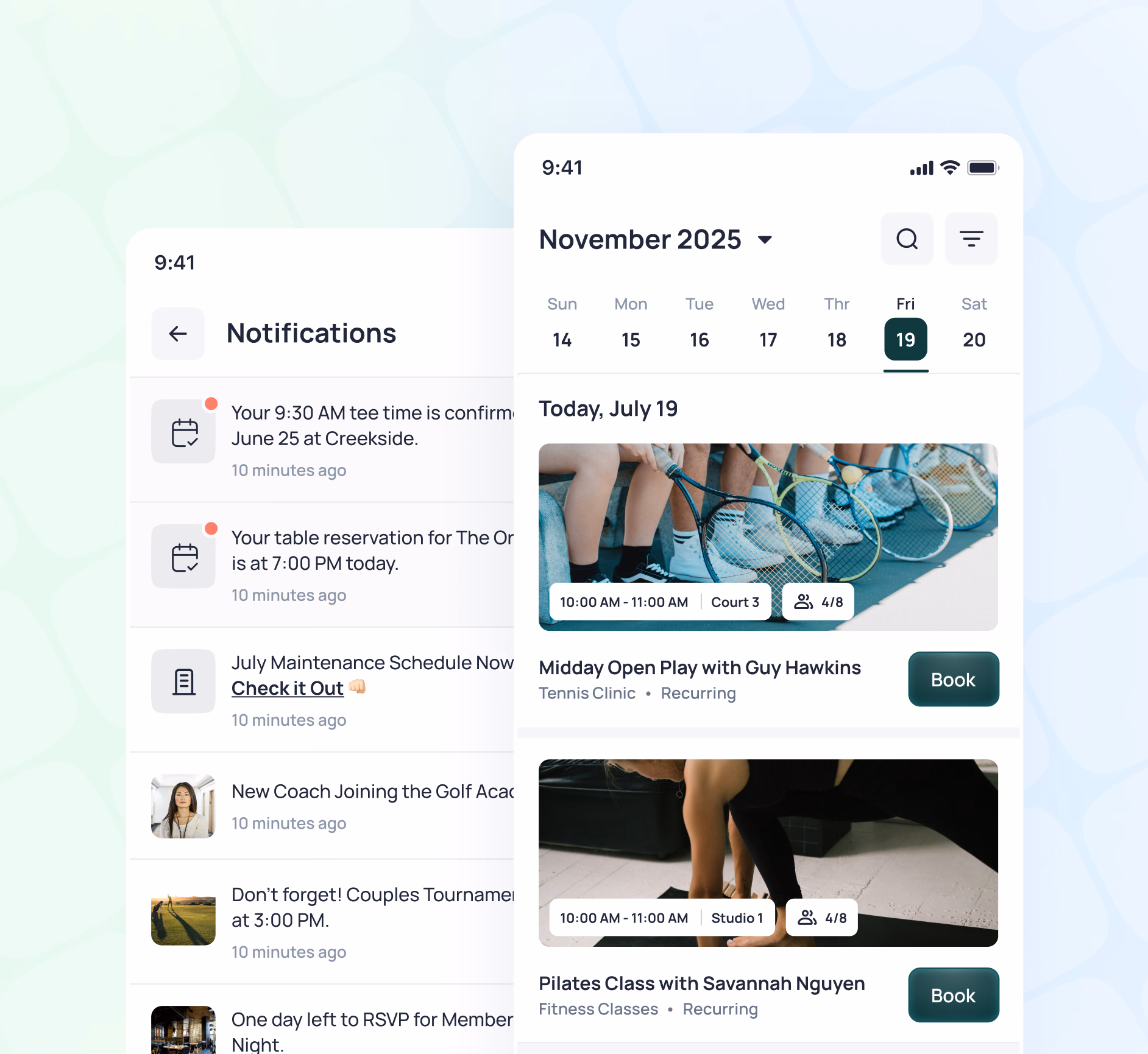 Mobile app showing notifications list and calendar view for November 2025 with upcoming events and class bookings