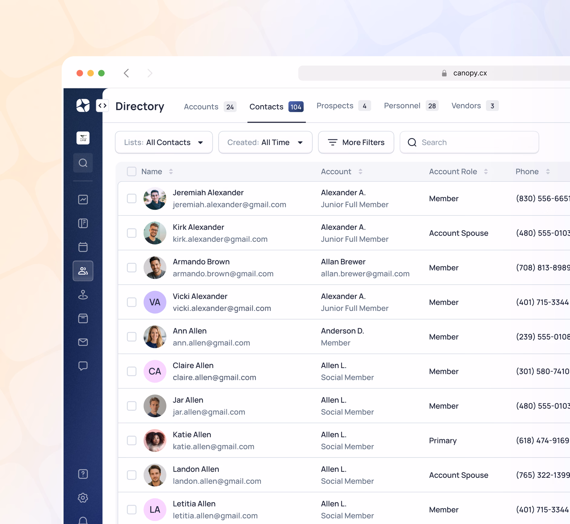 Directory listing contacts with names, accounts, roles and phone numbers in a table format