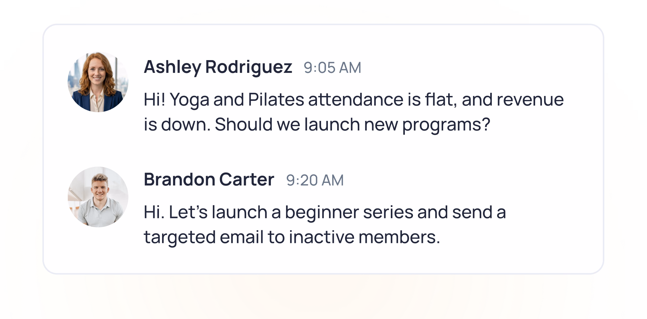 Chat conversation between Ashley Rodriguez and Brandon Carter discussing yoga/pilates attendance decline and launching new programs