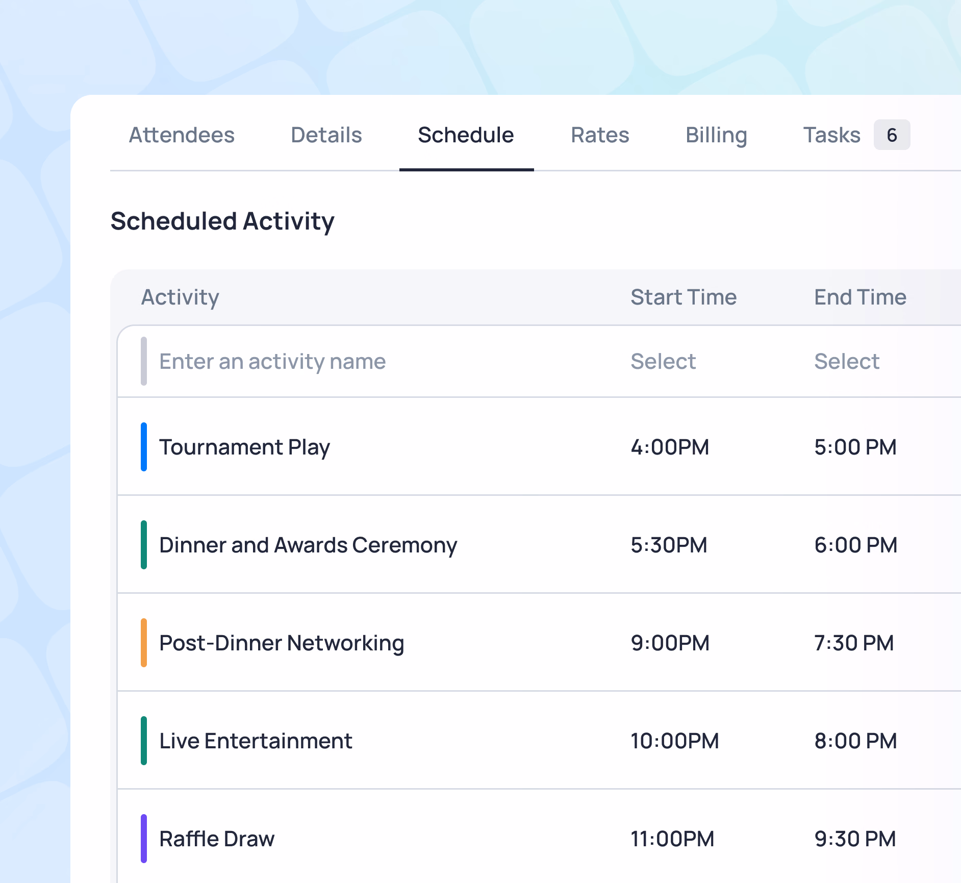 Schedule tab displaying five scheduled activities with start and end times, including Tournament Play, Dinner and Awards Ceremony, Post-Dinner Networking, Live Entertainment, and Raffle Draw