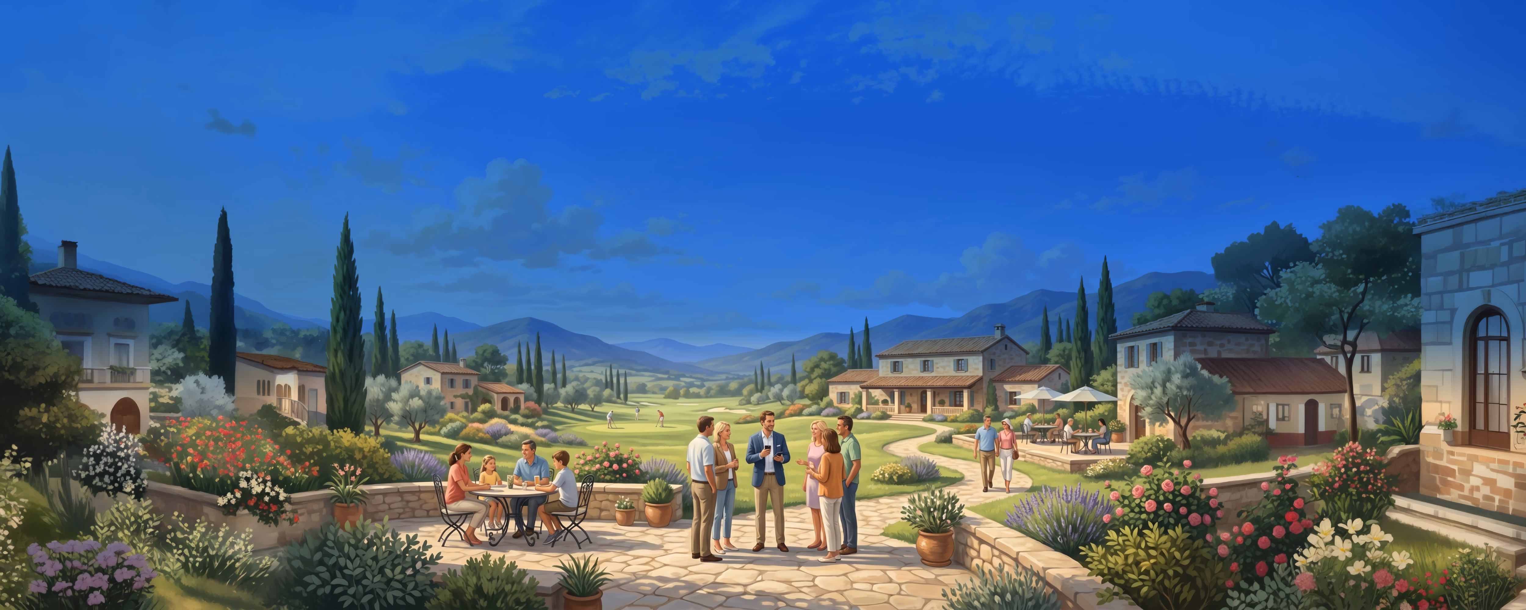 Tuscan countryside villa with cypress trees, manicured gardens, and visitors strolling through grounds under blue sky