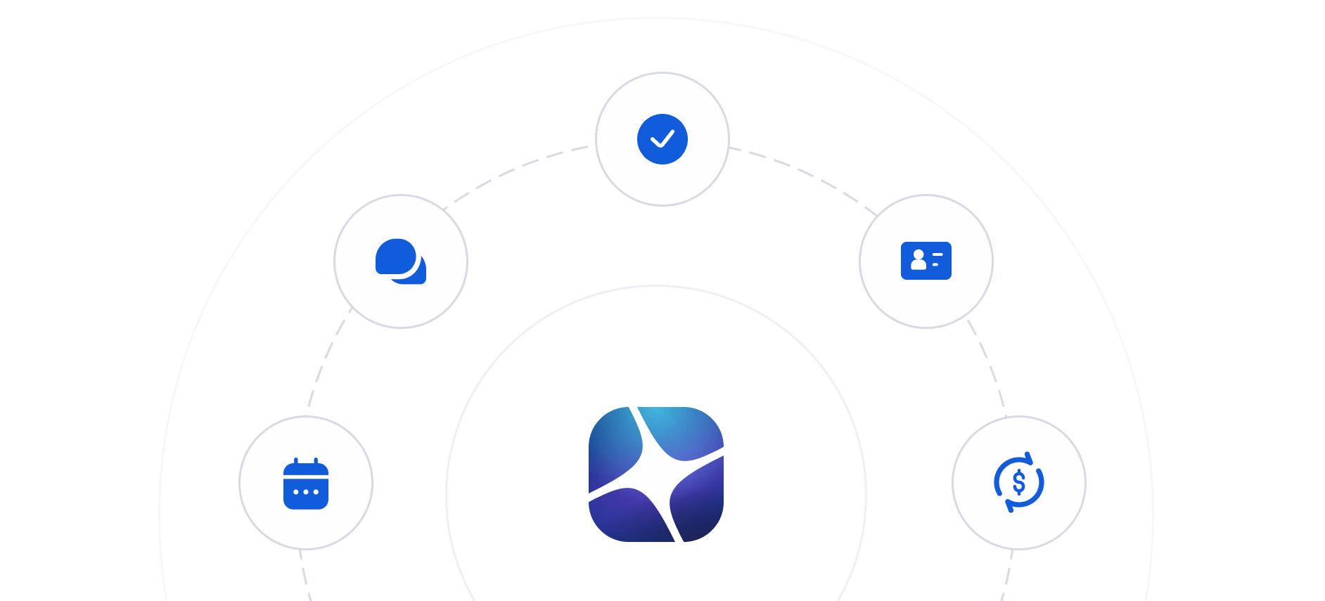 Blue icons arranged in a circle around a central logo representing visibility, efficiency, and integrated business tools