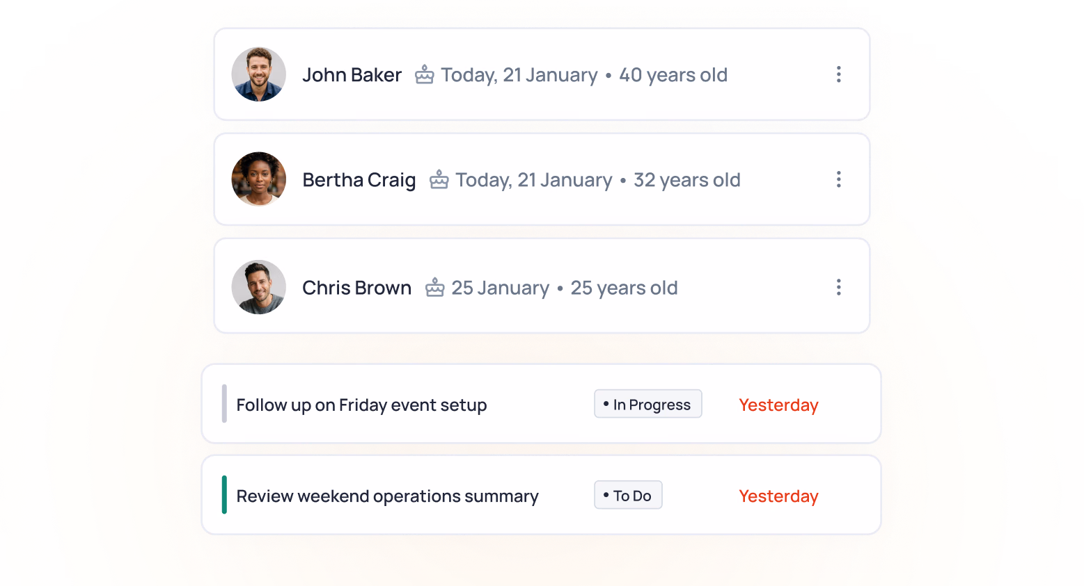 User profile list showing John Baker, Bertha Craig, and Chris Brown with ages and dates, plus two task items marked Yesterday and In Progress