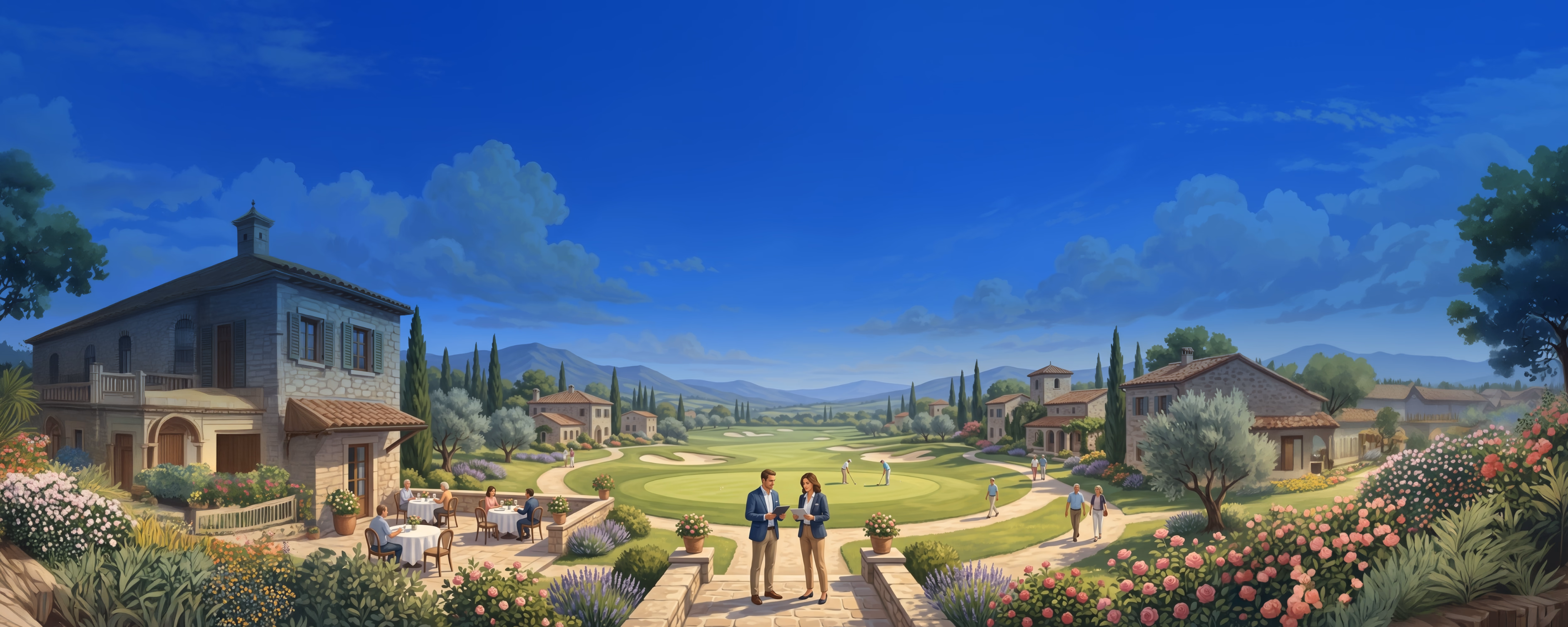 Tuscan villa landscape with rolling hills, cypress trees, and visitors overlooking a scenic countryside vista