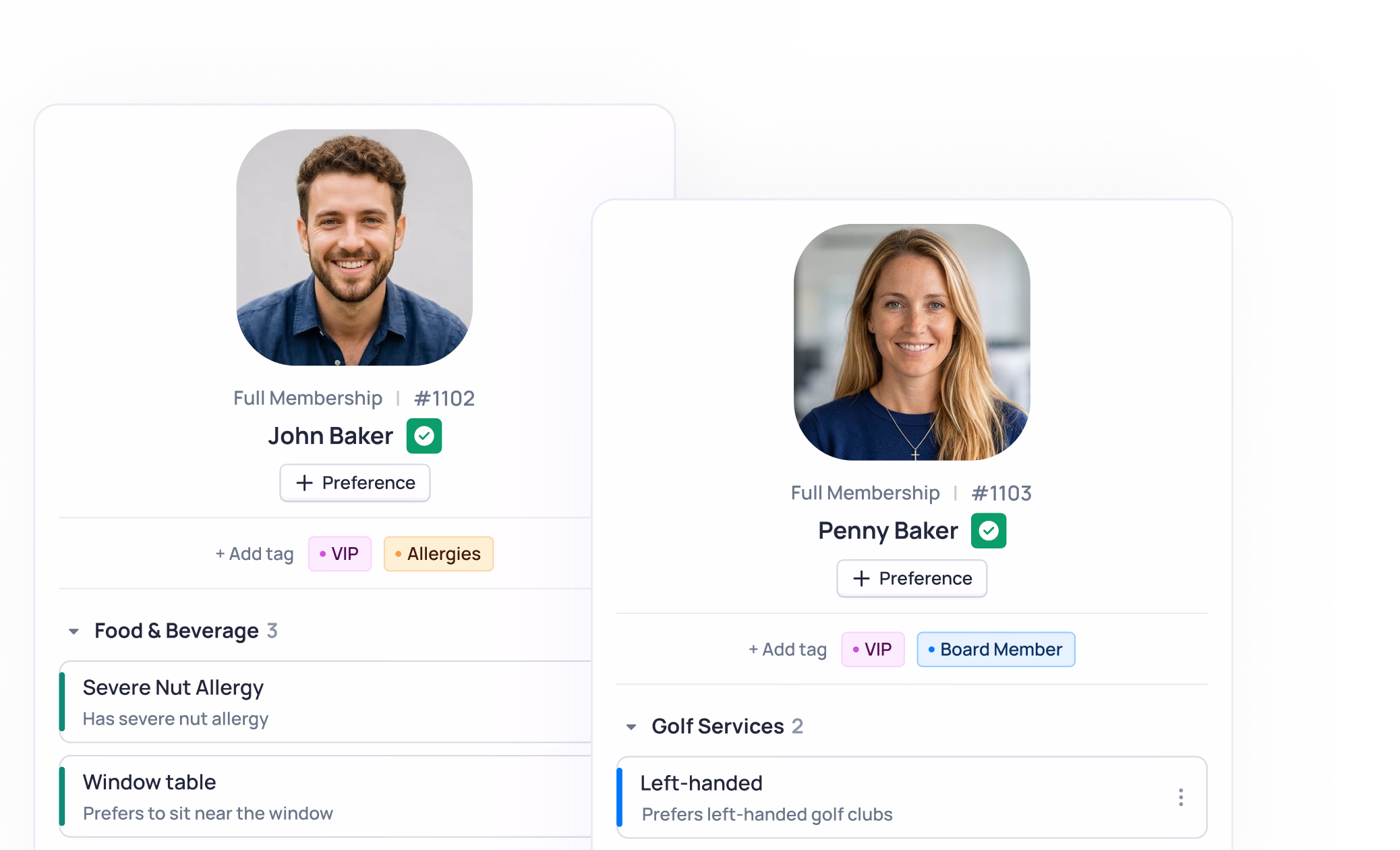 Two member profiles showing John Baker (#102) and Penny Baker (#103) with their preferences including food allergies and golf service details