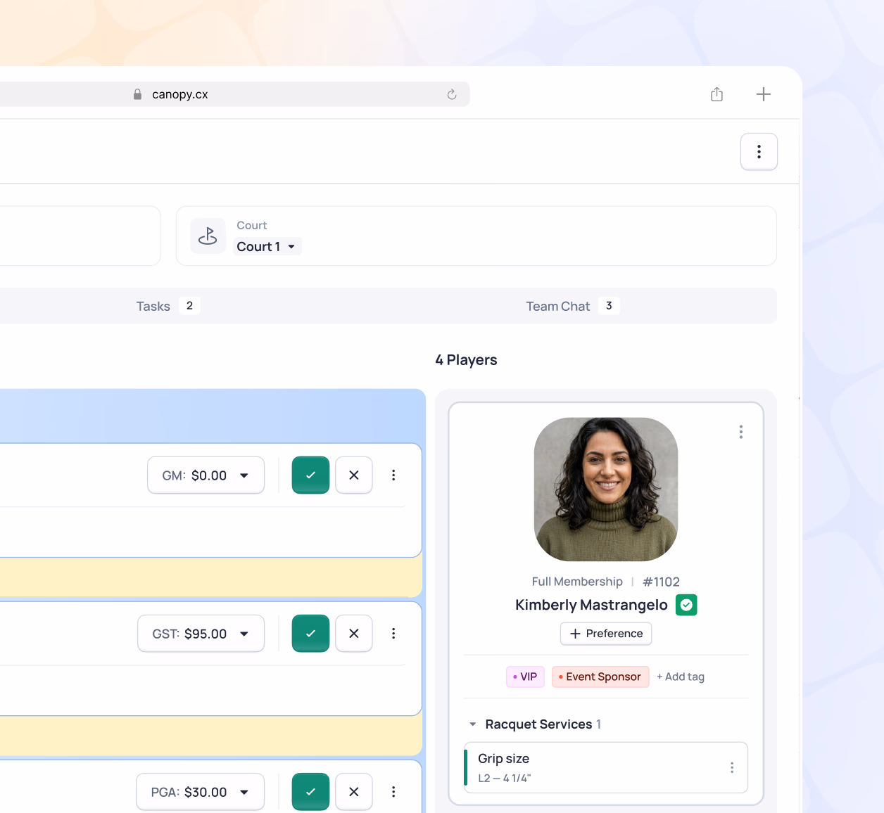 Canopy app interface showing 4 players with Kimberly Mastrangelo's profile card, team chat, tasks, and pricing details for racquet services