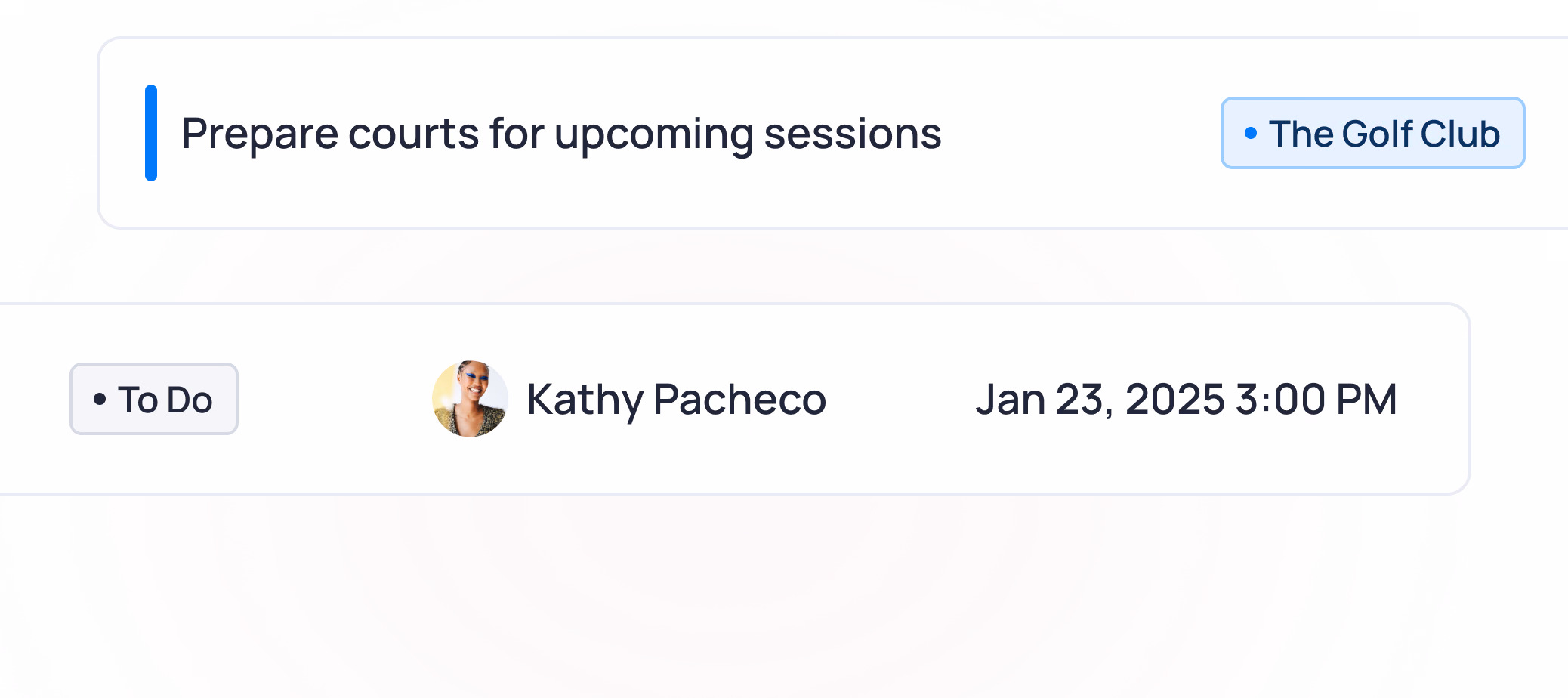 To Do task for Kathy Pacheco to prepare courts for upcoming sessions on Jan 23, 2025 at 3:00 PM