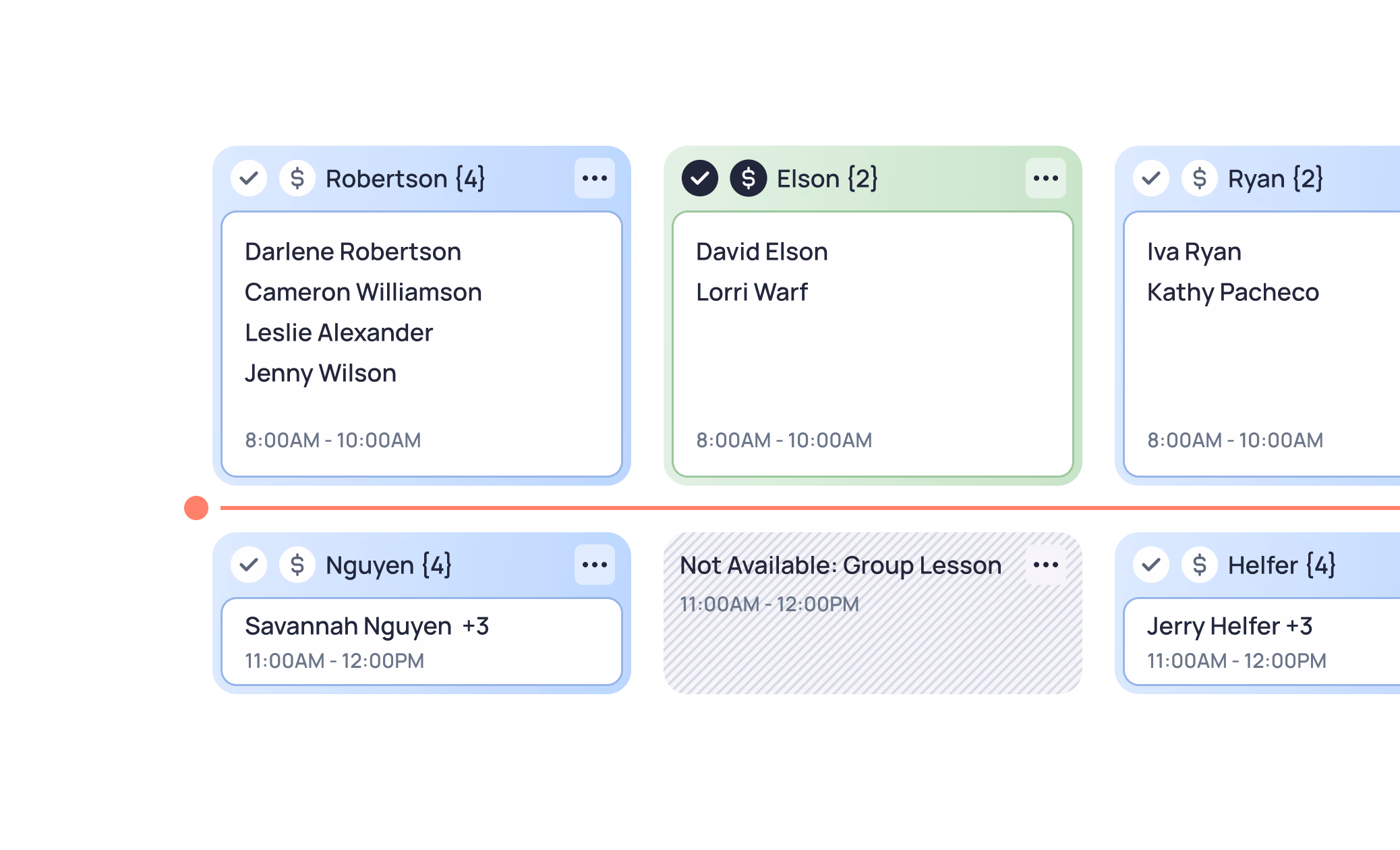 Calendar schedule showing fitness classes with instructors and times, including Robertson, Elson, Ryan, Nguyen, and Heifer sessions
