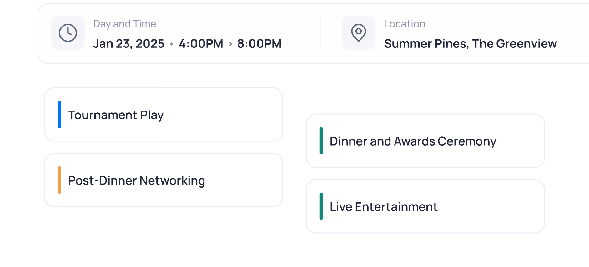 Event details for Jan 23, 2025 at Summer Pines showing tournament play, networking, dinner, and entertainment
