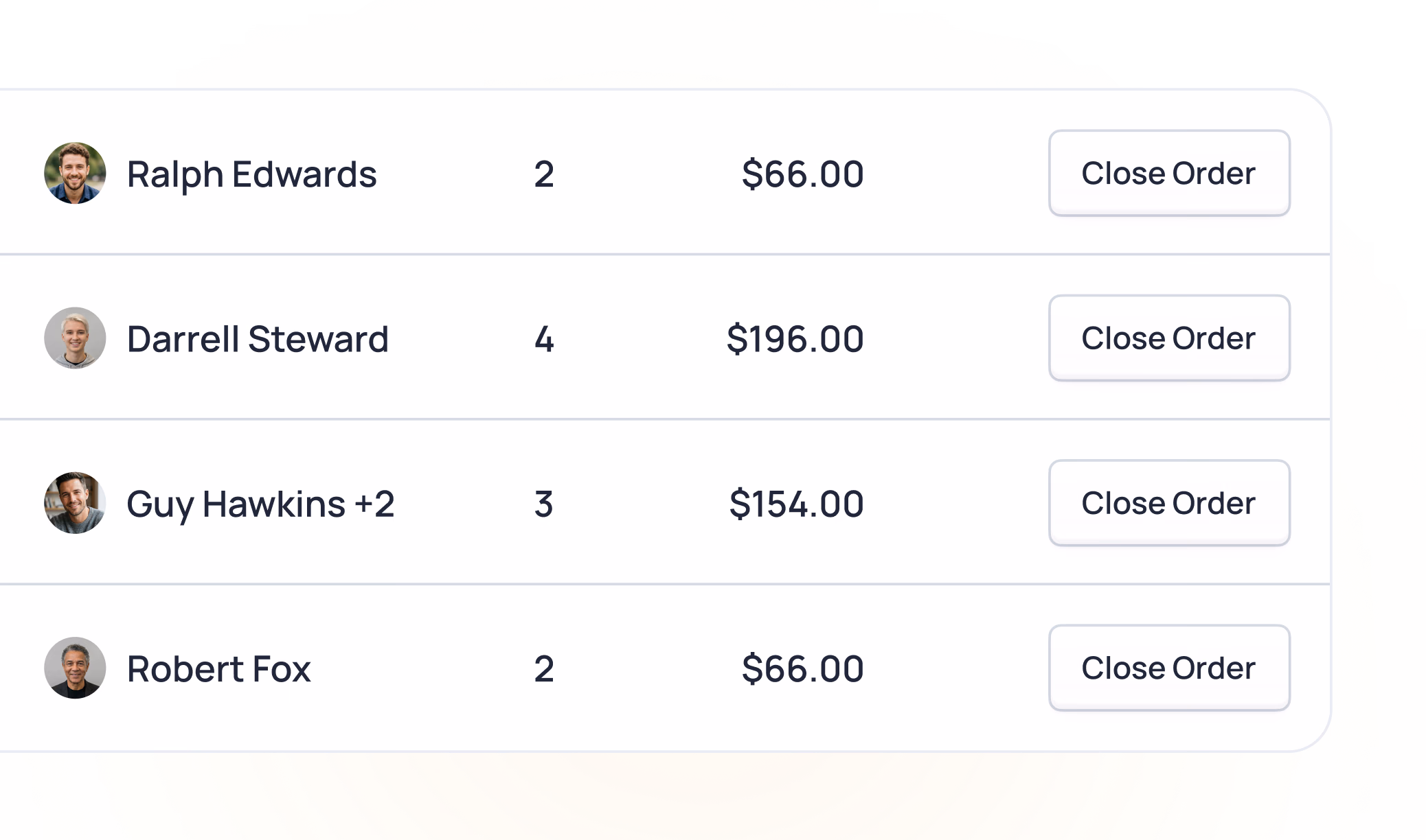 Order list showing four customers with item quantities and totals, each with a Close Order button